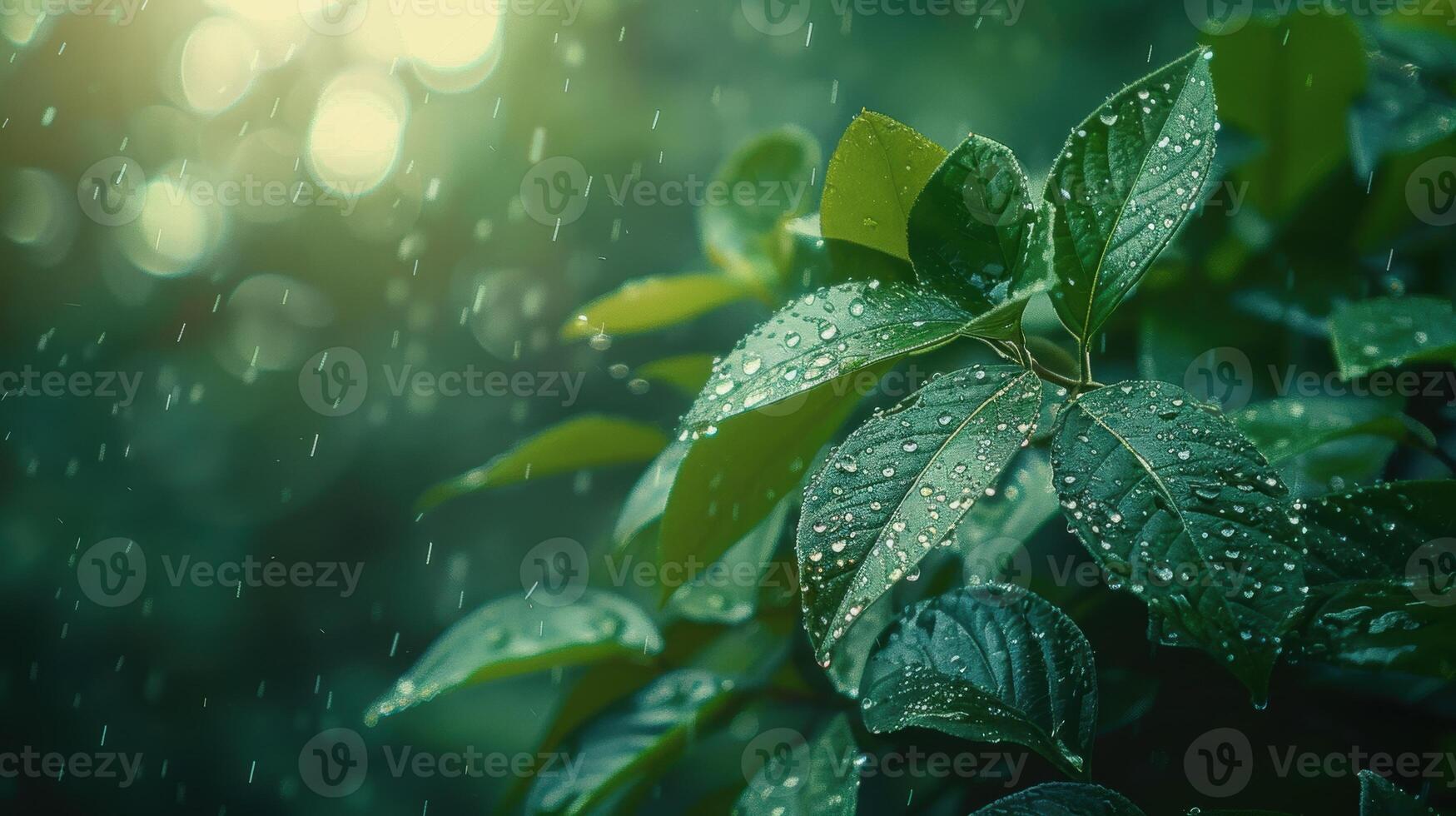 Raindrops Dance on Lush Green Leaves in a Tranquil Forest During a Gentle Afternoon Rainfall photo