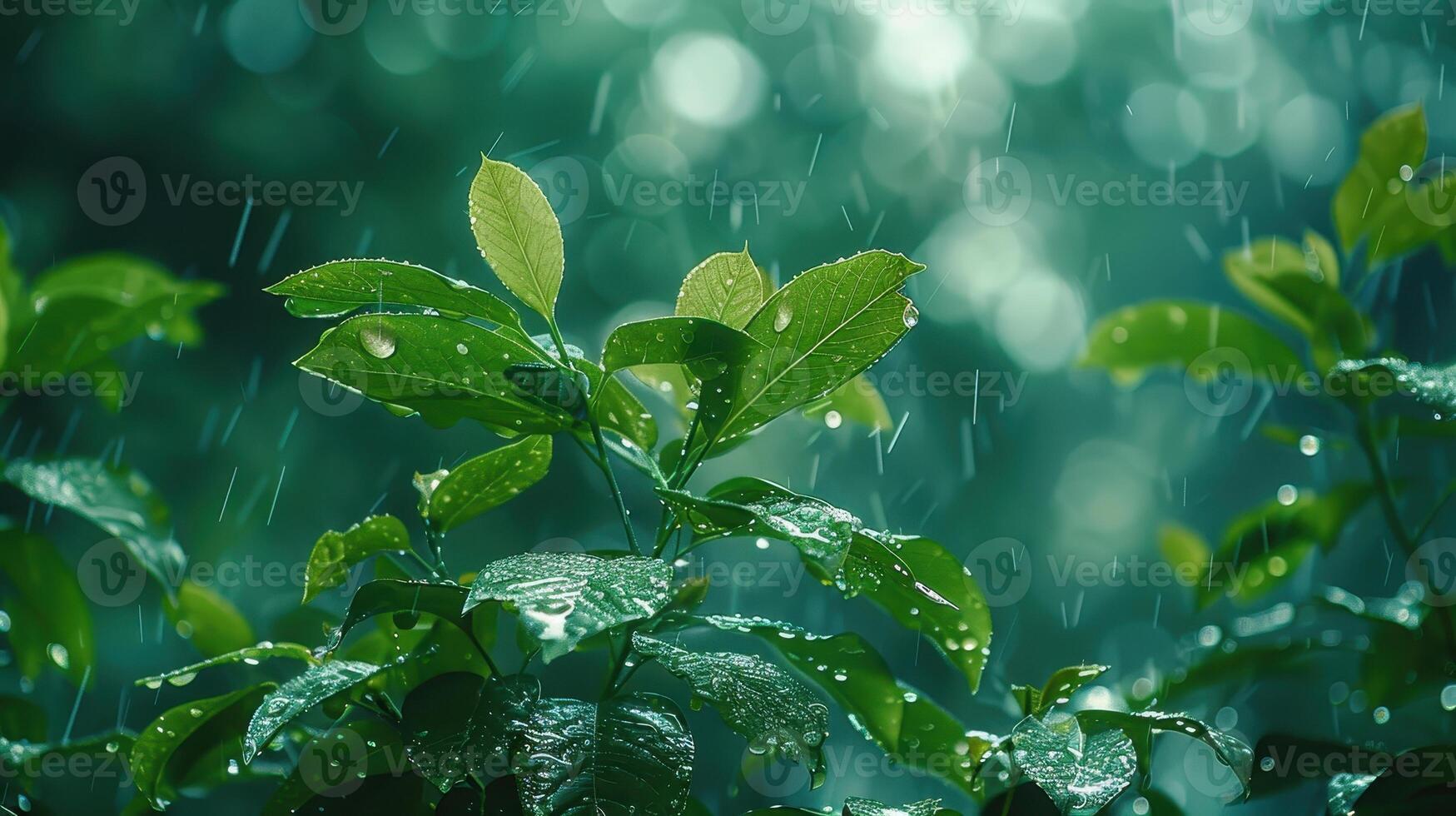Vibrant Green Leaves Barely Holding Raindrops Amidst a Refreshing Forest Rain Shower at Dusk photo