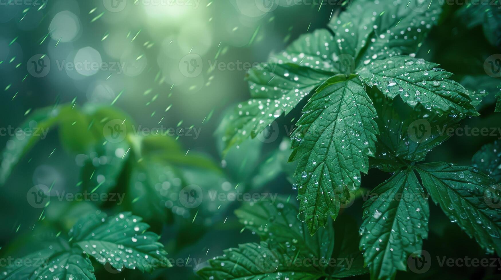 Raindrops Gracefully Dance Upon Lush Green Leaves in a Tranquil Forest at Dawn photo
