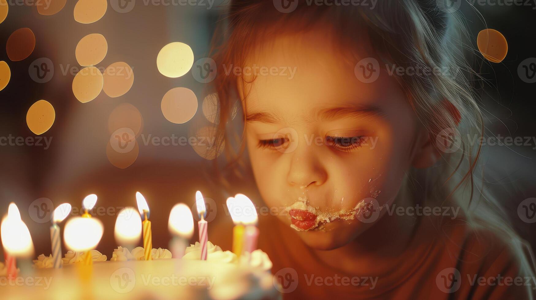 A Joyful Young Girl Expressing Delight While Blowing Out Birthday Candles at a Cozy Celebration in the Evening Glow photo