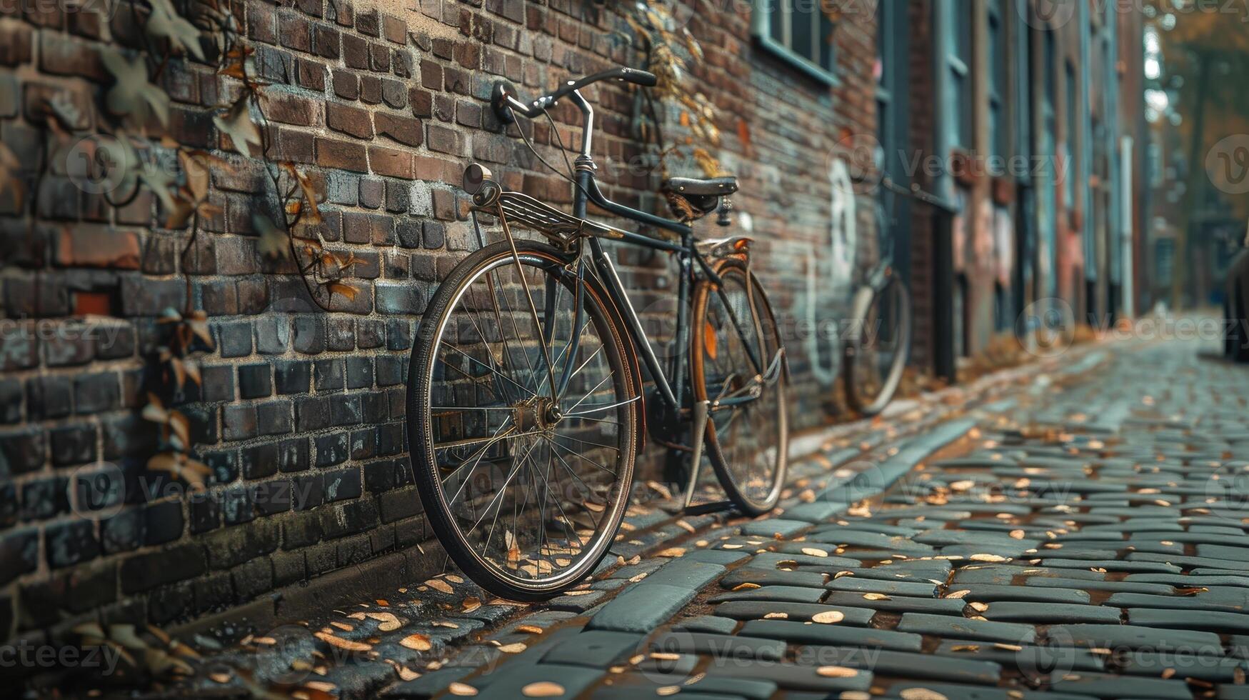 Charming Bicycle Leaning Against an Old Brick Wall on a Leafy Cobblestone Street in Autumn Afternoon Light photo