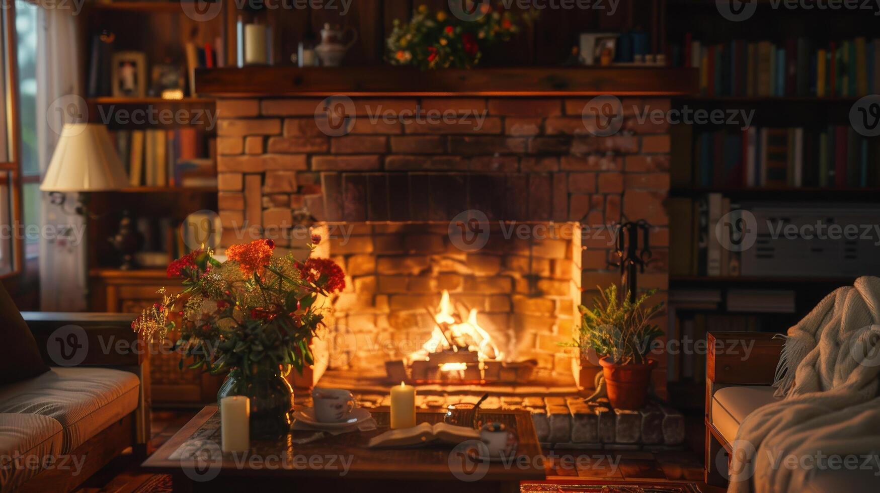 Cozy Evening by the Rustic Fireplace Surrounded by Warmth and Comfort in a Charming Living Room photo