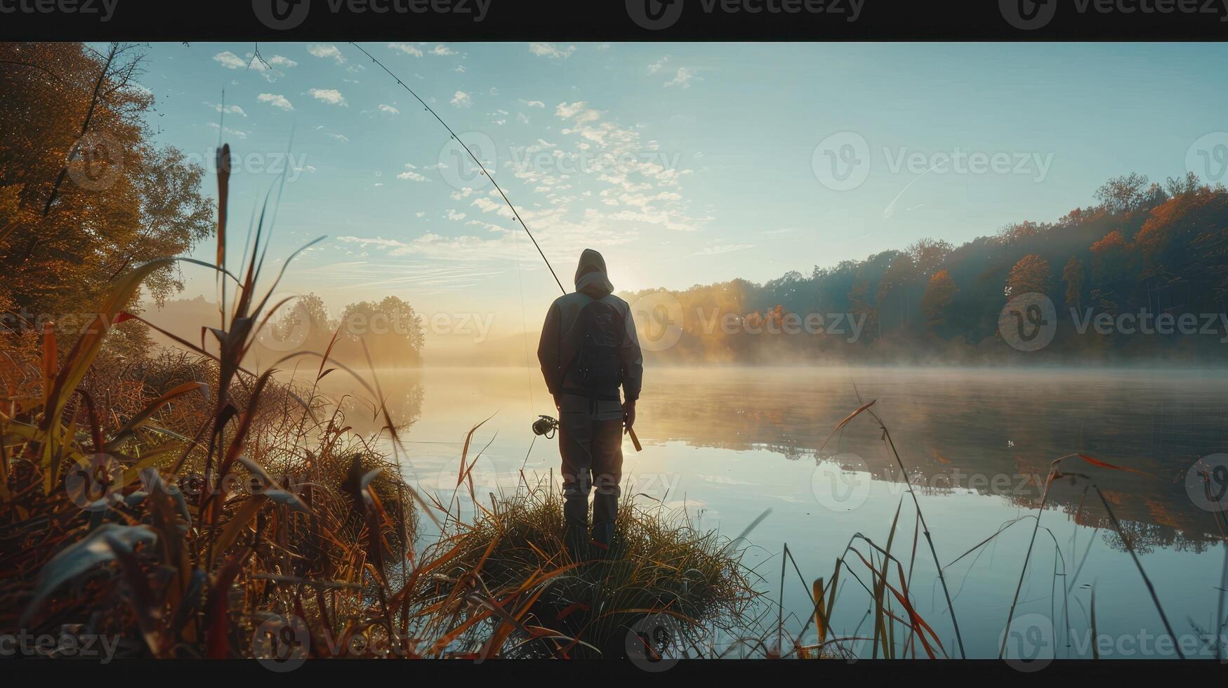 Serene Fisherman Casting Lines at Dawn by a Misty Lakeside in Autumn photo
