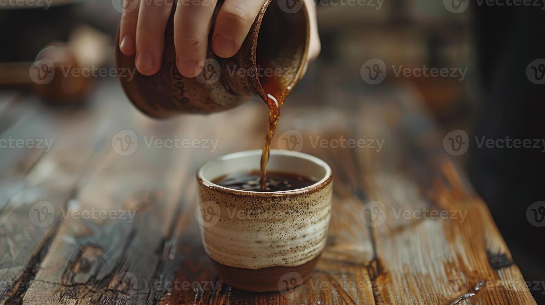 Pouring Warm Brew From Rustic Pot Into Handmade Ceramic Cup on Wooden Table photo