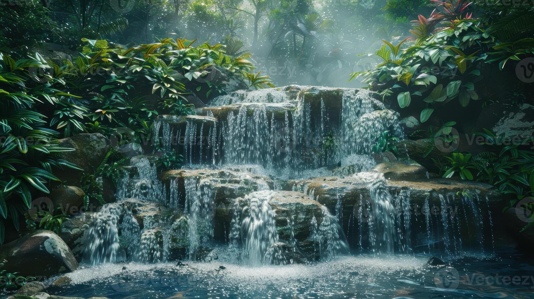 Serene Waterfall Cascading Amidst Lush Greenery in a Tranquil Forest at Dawn photo