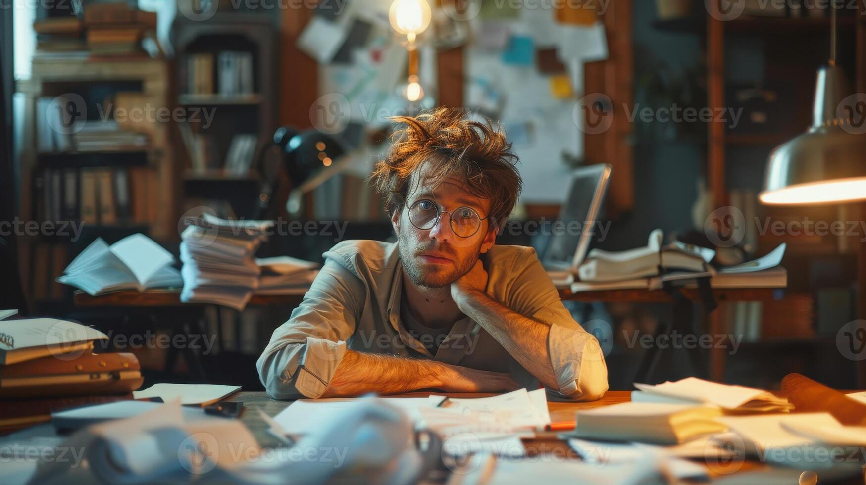 Creative Struggles of a Writer Surrounded by Paperwork in a Cozy Study at Night photo