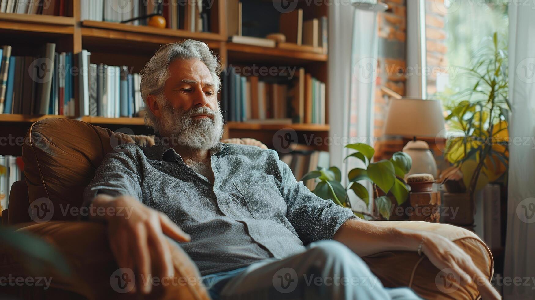 Quiet Reflections of a Thoughtful Man in a Cozy Library on a Sunny Afternoon photo