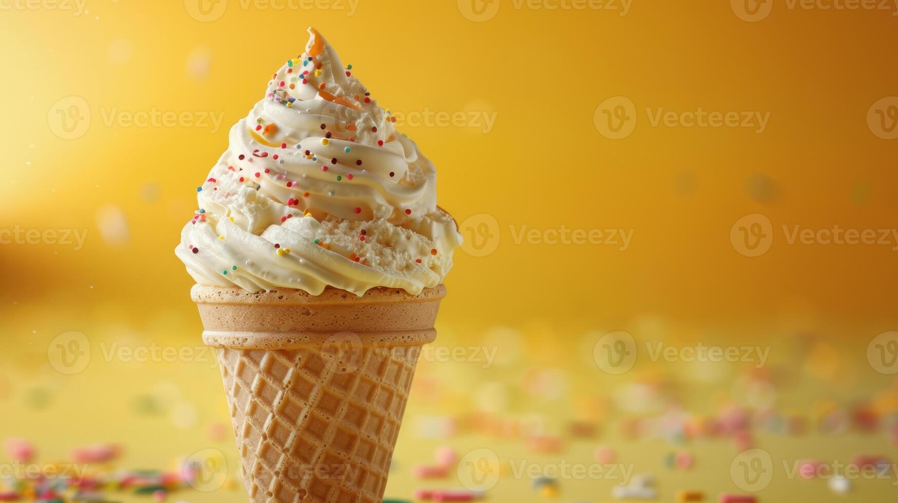 Delightful Vanilla Ice Cream Cone Adorned With Colorful Sprinkles Against a Vibrant Yellow Background photo