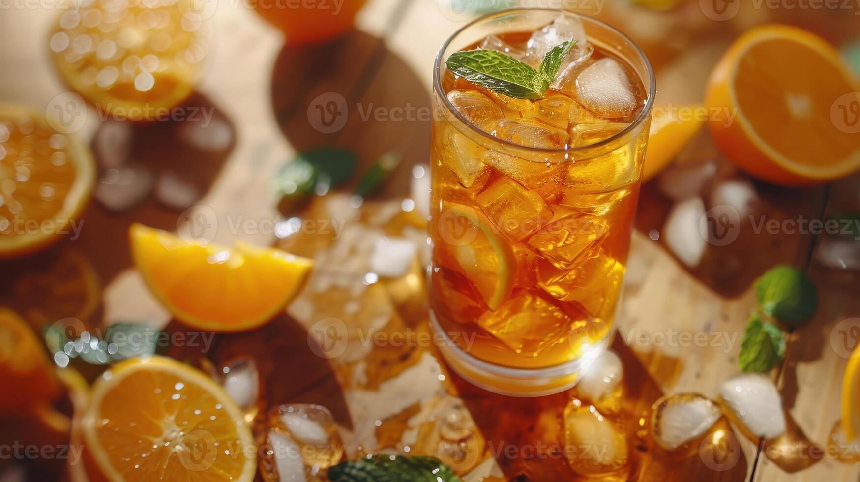 Refreshing Citrus Iced Tea Served in a Clear Glass on a Wooden Table Surrounded by Fresh Oranges and Ice Cubes During a Sunny Afternoon photo