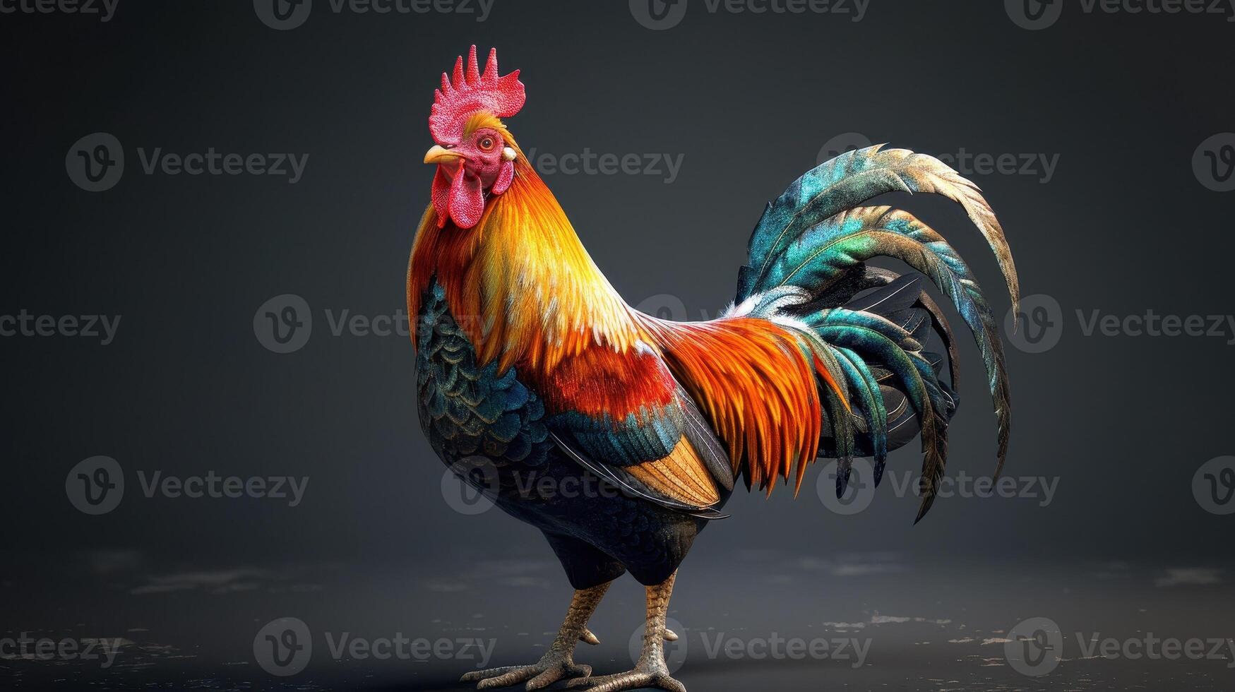 Vibrantly Colored Rooster Struts Proudly Against An Elegant Dark Backdrop At Dawn photo