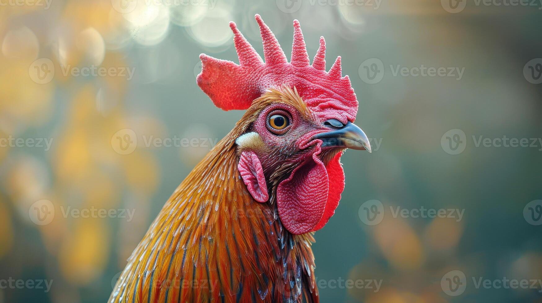 A Captivating Close-Up of a Vibrant Rooster in Autumn Sunshine at a Rustic Farm photo