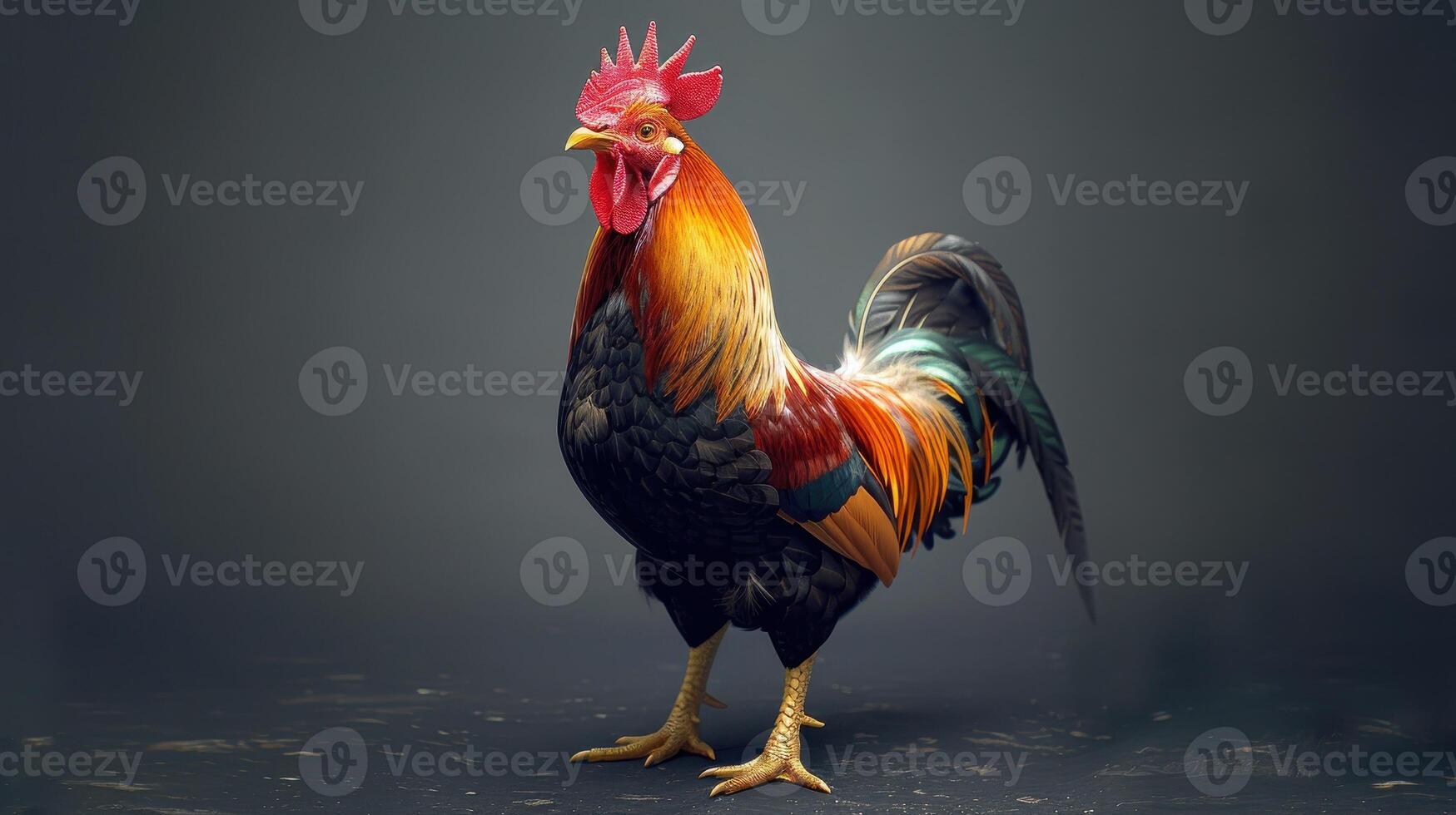 Vibrant Rooster Displaying Majestic Plumage in an Artistic Studio Setting photo