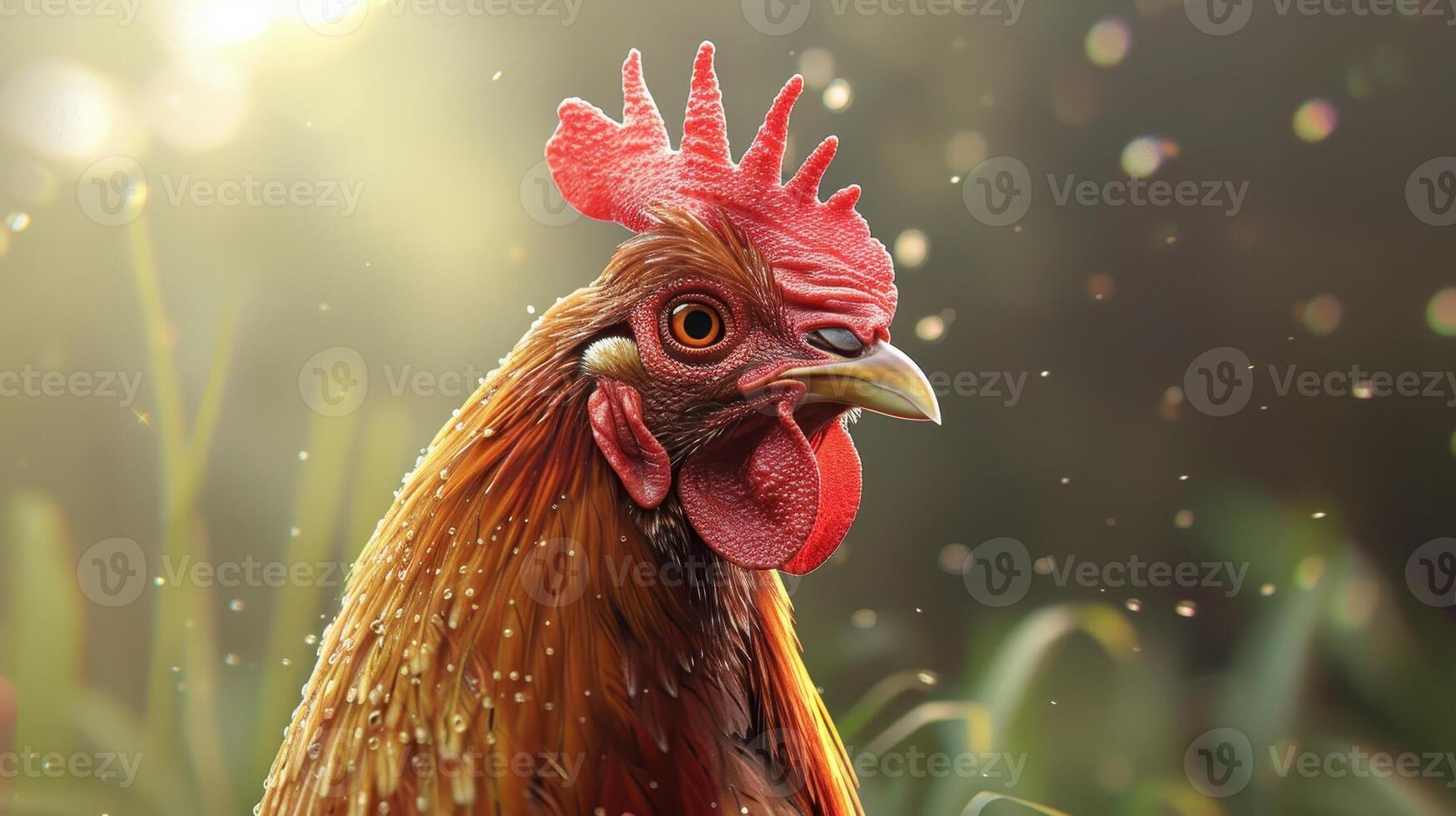 Captivating Rooster Strutting Through Sunlit Garden at Dawn With Dew-Dropped Grass Glimmering Silently photo
