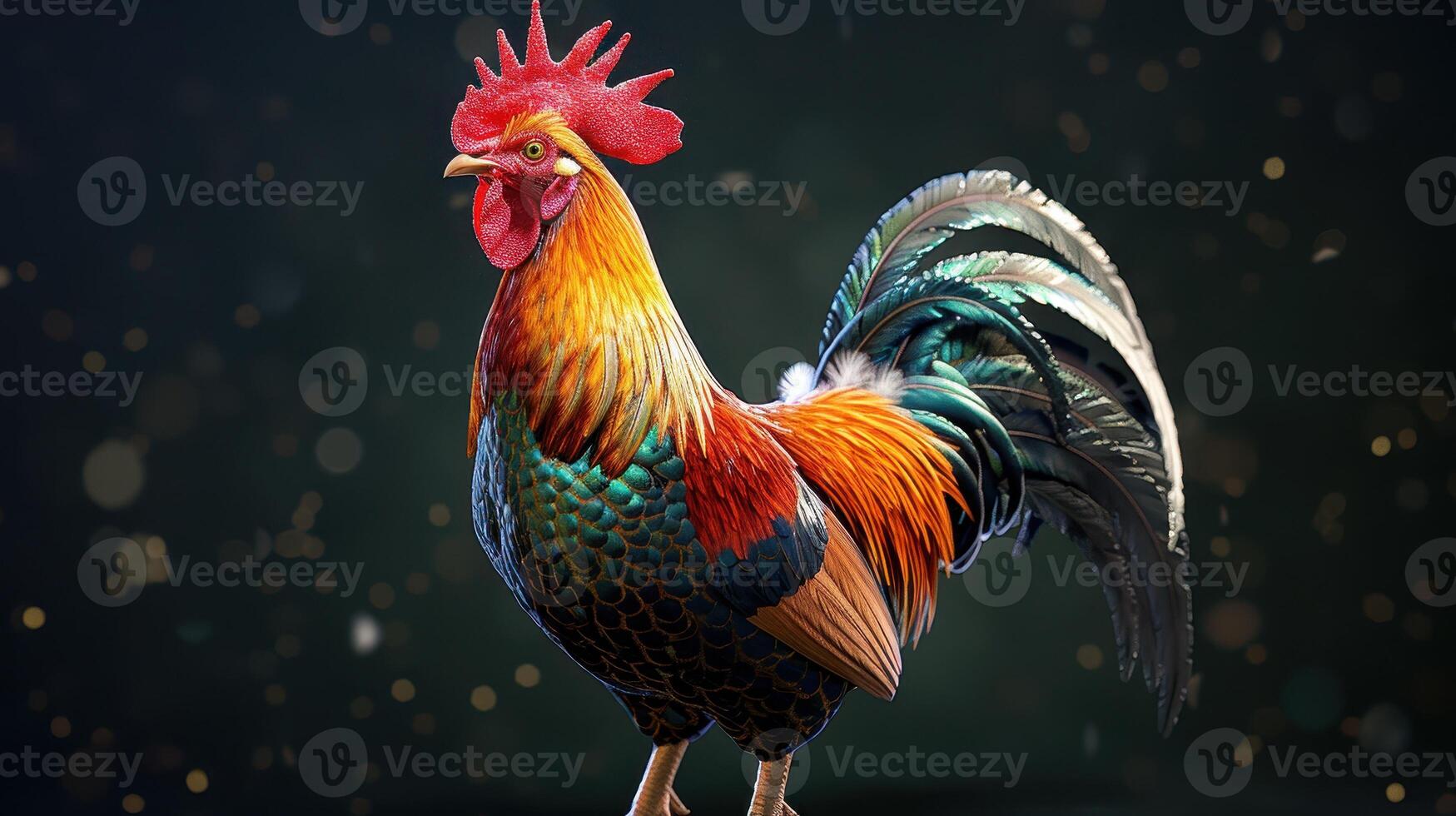 Vibrant Rooster Standing Proudly Amidst a Sparkling Nighttime Background photo