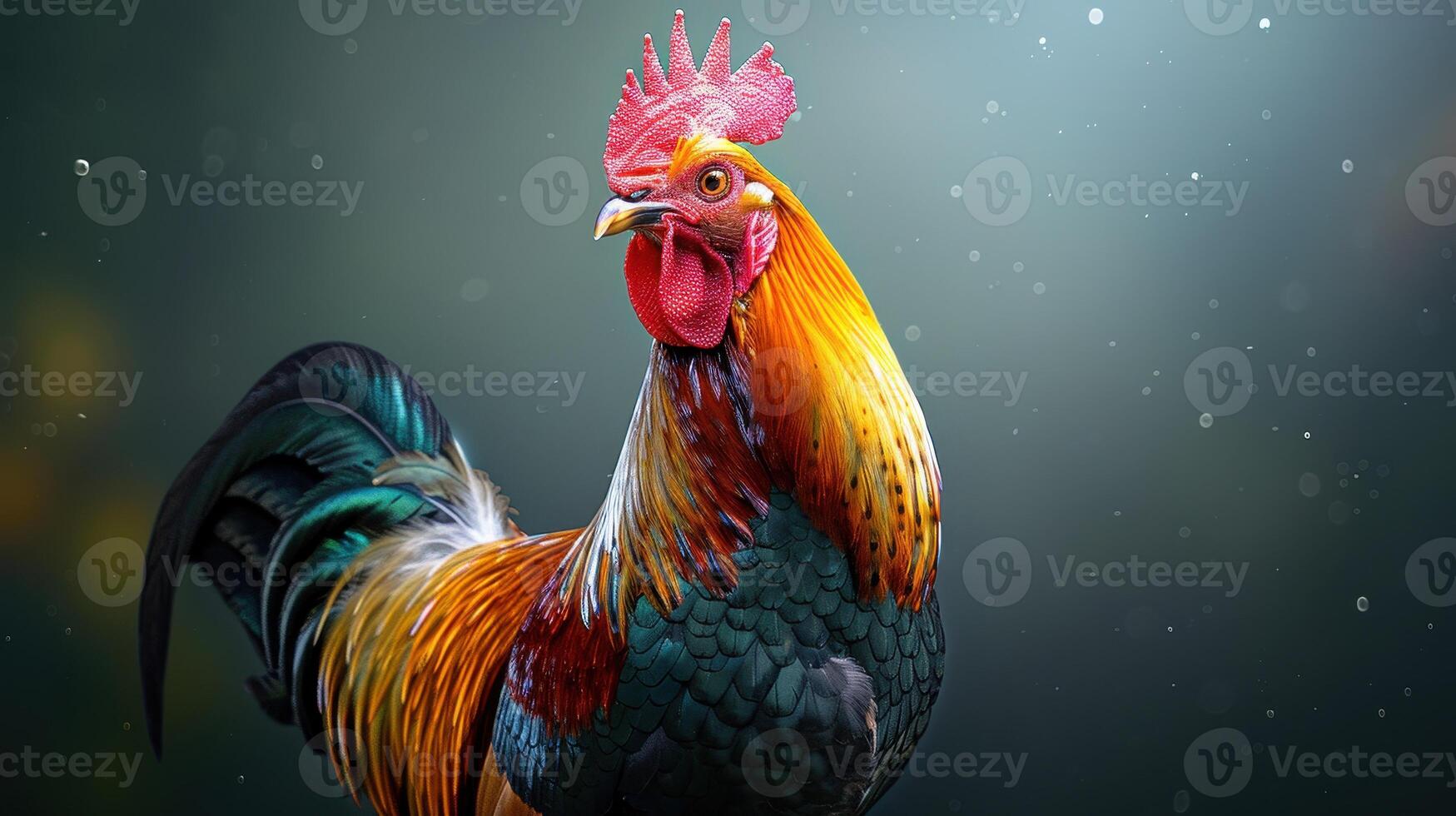 Vibrant Rooster Strutting Proudly Amidst Soft Rain in a Lush Green Forest photo