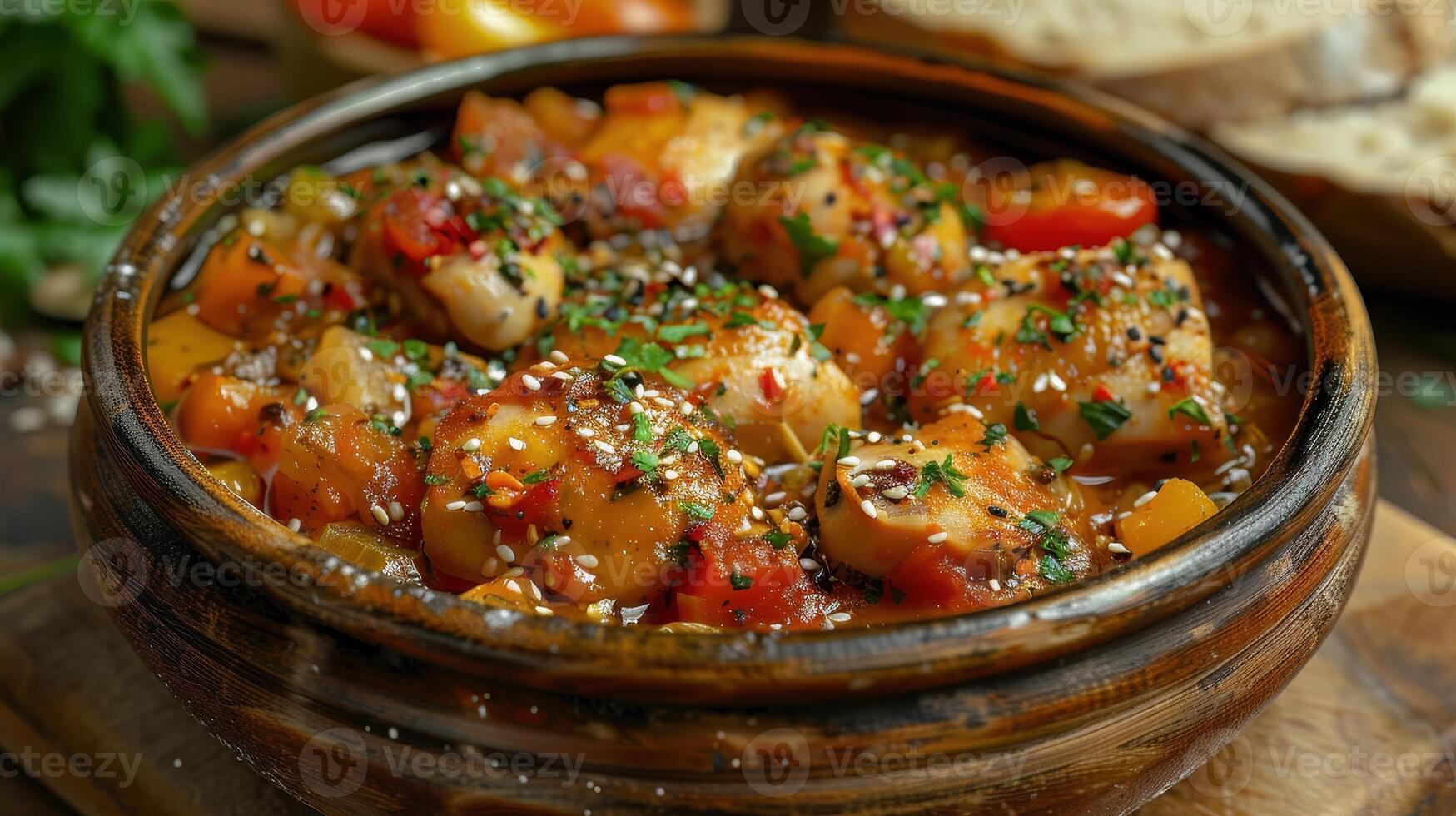 Hearty Vegetable Stew Simmering in Rustic Pot on Wooden Table at Sunset photo