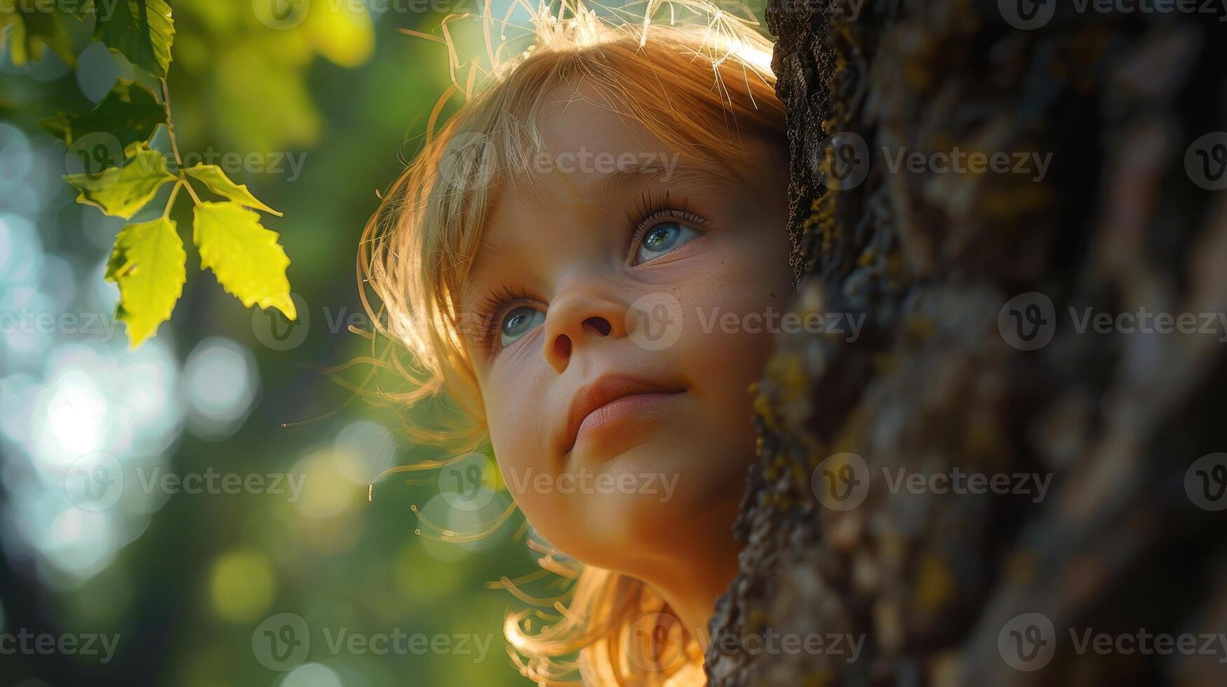 A Child Peering From Behind a Tree With Sunlight Filtering Through Leaves in a Serene Forest Setting photo