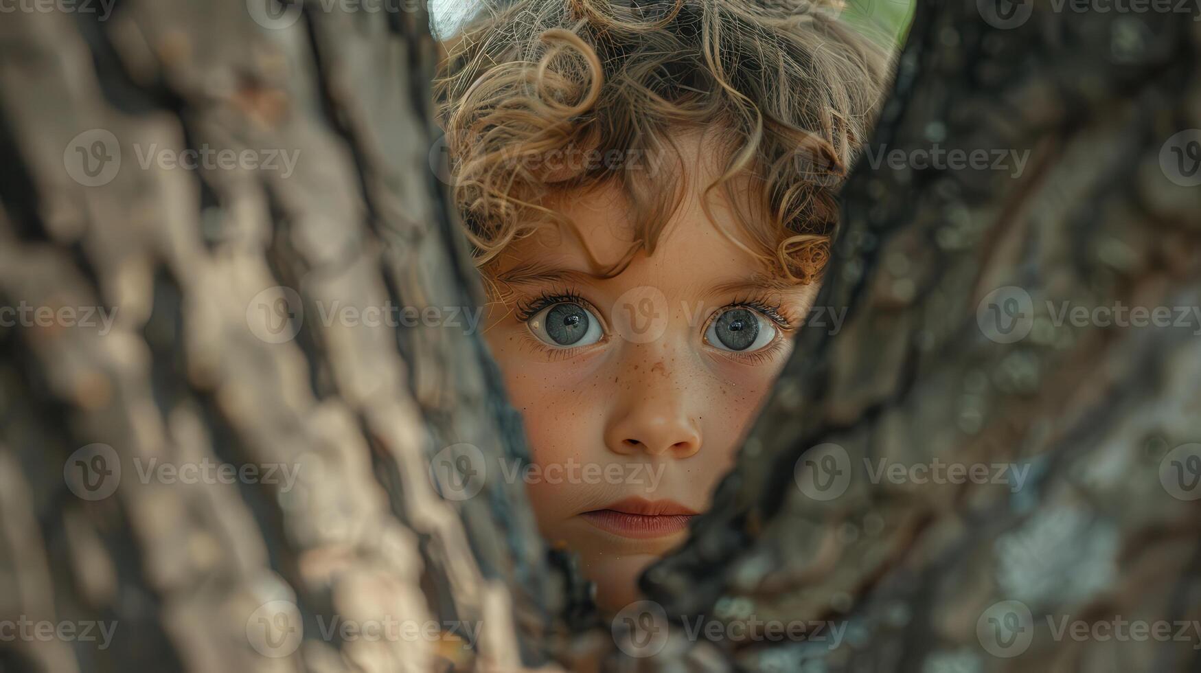 Curious Child Peeking Through the Bark of a Majestic Tree in a Sunlit Forest photo