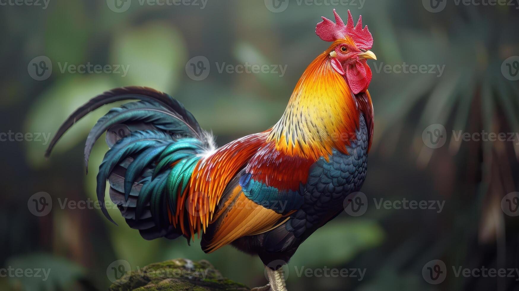 Vibrant Rooster Strutting Confidently Among Lush Tropics at Dawn photo