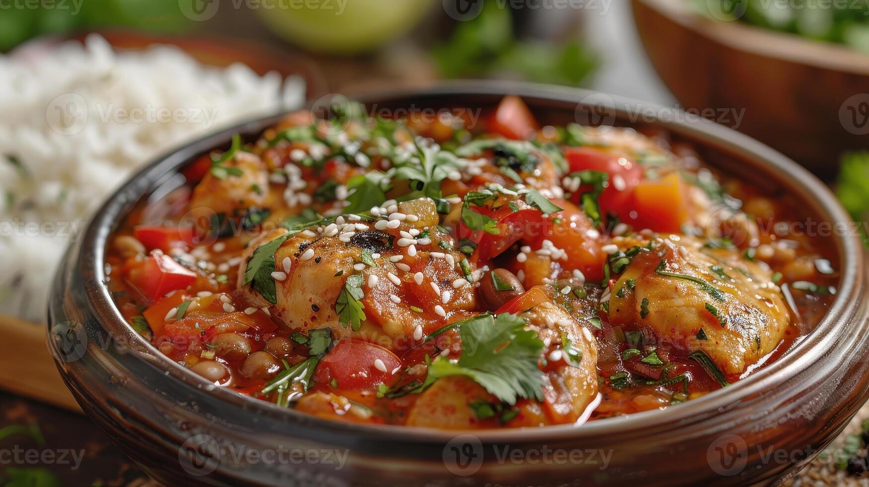 Delicious Authentic Chicken Curry Served With Fragrant Basmati Rice in a Cozy Kitchen Setting photo