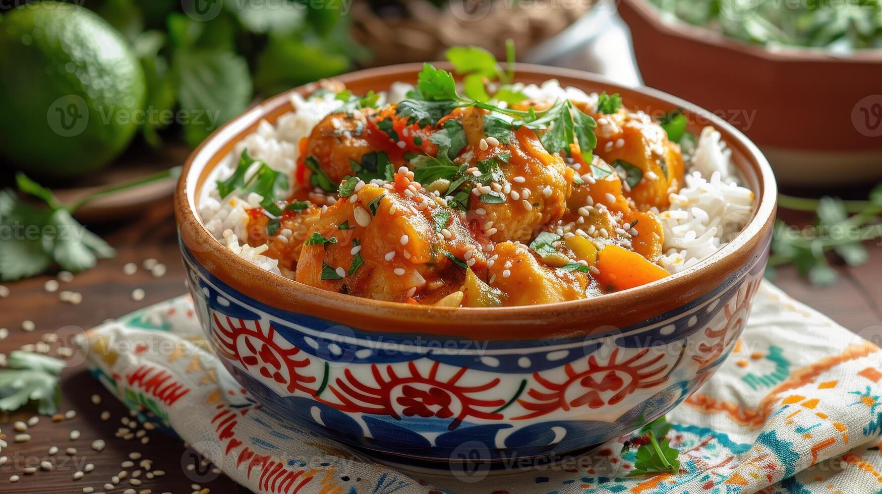 A Colorful Bowl of Delicious Vegetable Curry Served With Fragrant Rice and Fresh Herbs on a Rustic Wooden Table photo