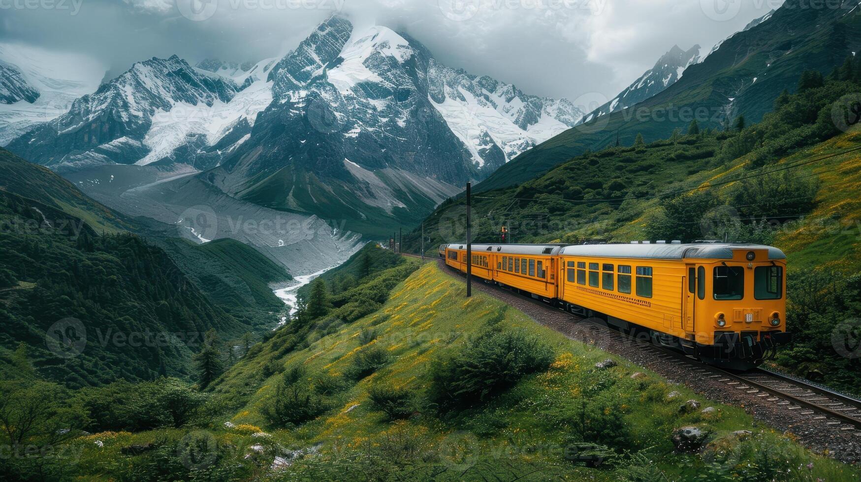 Charming Yellow Train Journeying Through Majestic Mountains on a Cloudy Day photo