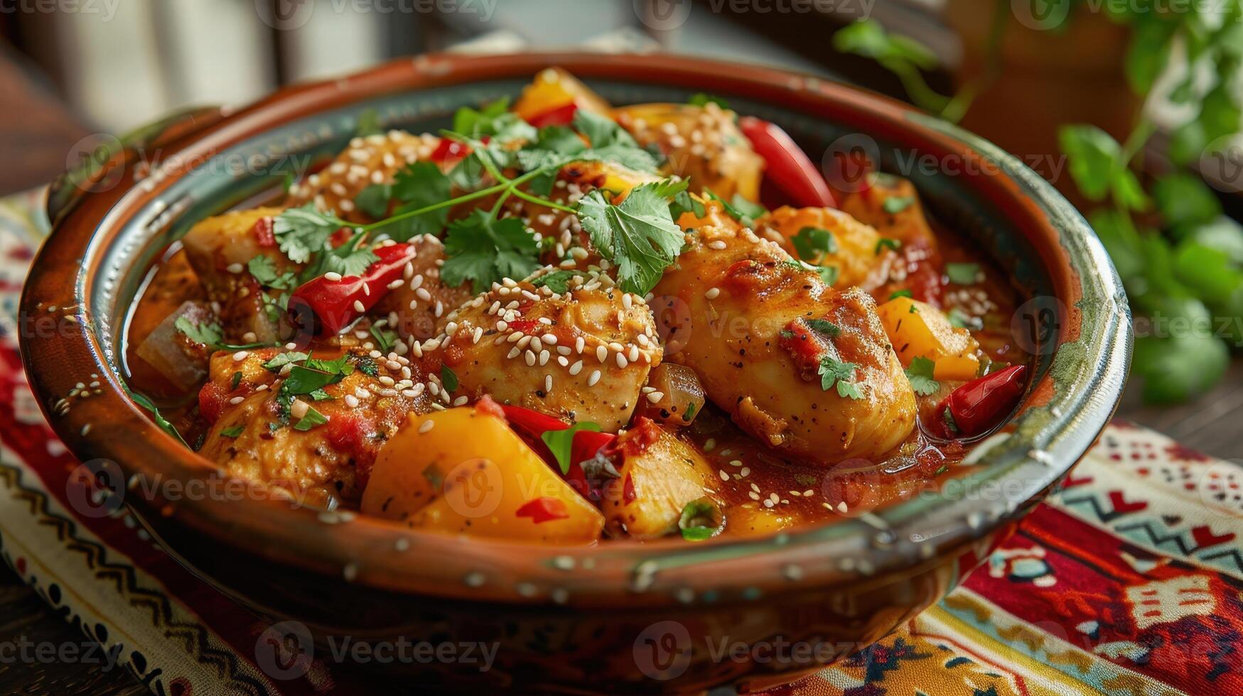 Vibrant Homemade Vegetable Curry Simmering in a Rustic Pot Surrounded by Colorful Tablecloths photo