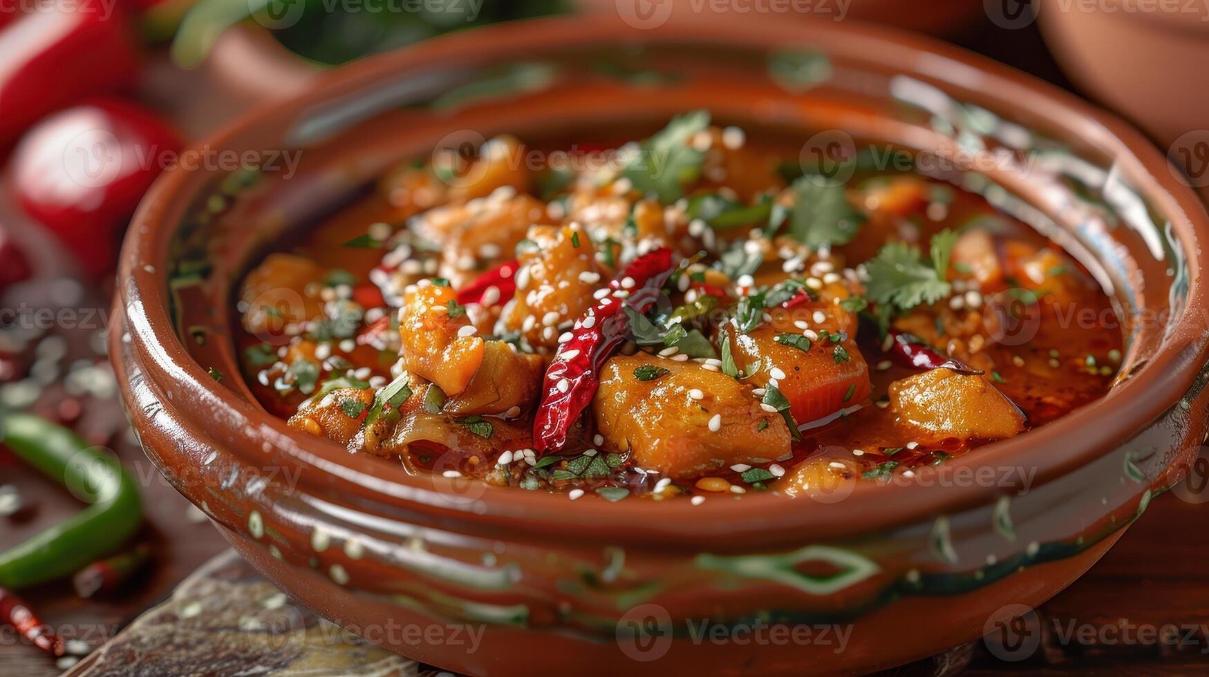 A Savory Bowl of Traditional Spicy Vegetable Curry With Fresh Herbs in a Rustic Setting photo