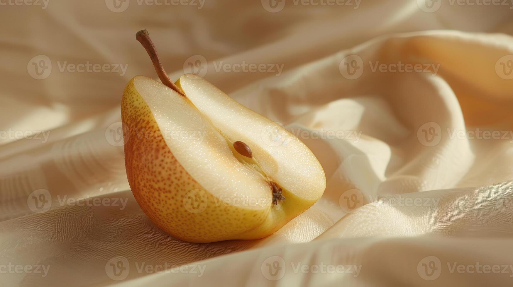 Sliced Pear Glowing in the Soft Light on Delicate Fabric Background photo
