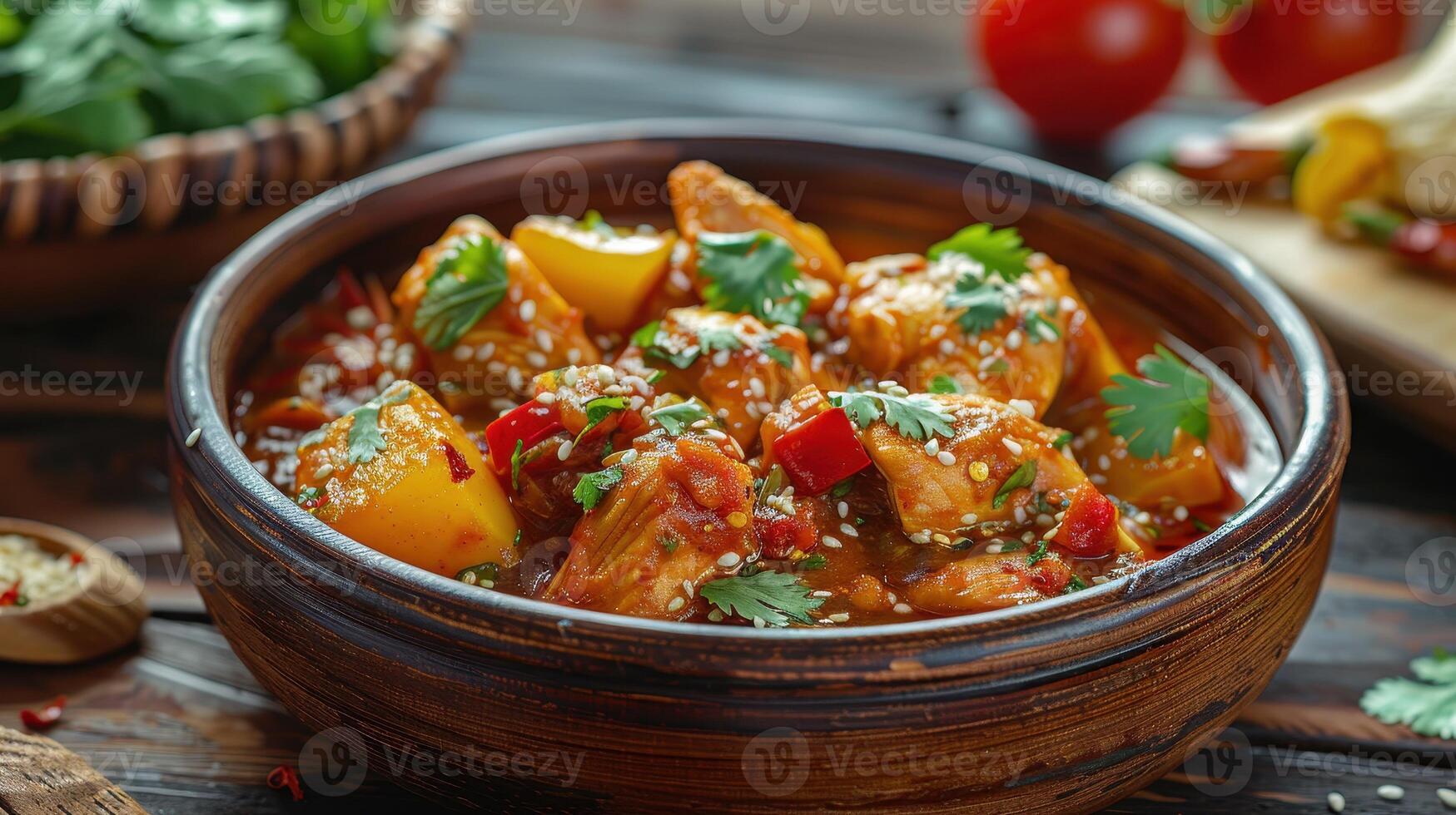 A Flavorful Traditional Dish Served in a Rustic Bowl With Fresh Ingredients on a Wooden Table photo