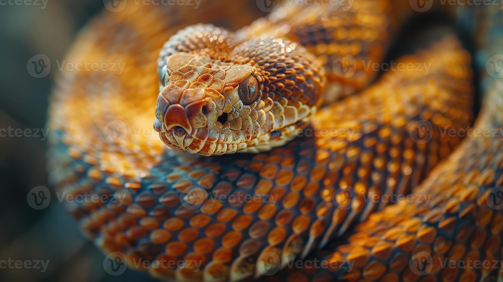 Captivating Close-Up of a Vibrant Desert Rattlesnake Sunbathing on a Warm Rock at Dusk photo