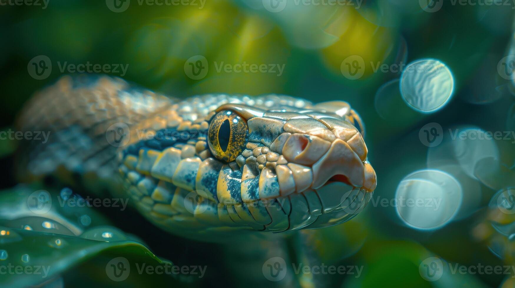 Captivating Close-Up Of A Colorful Snake Resting Among Lush Green Foliage At Dusk photo