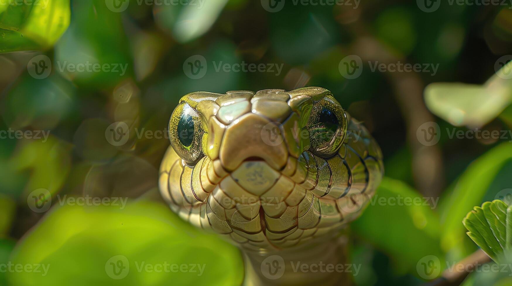 A Close-Up of a Vibrant Green Snake Peeking Through Lush Green Foliage in a Tropical Habitat photo