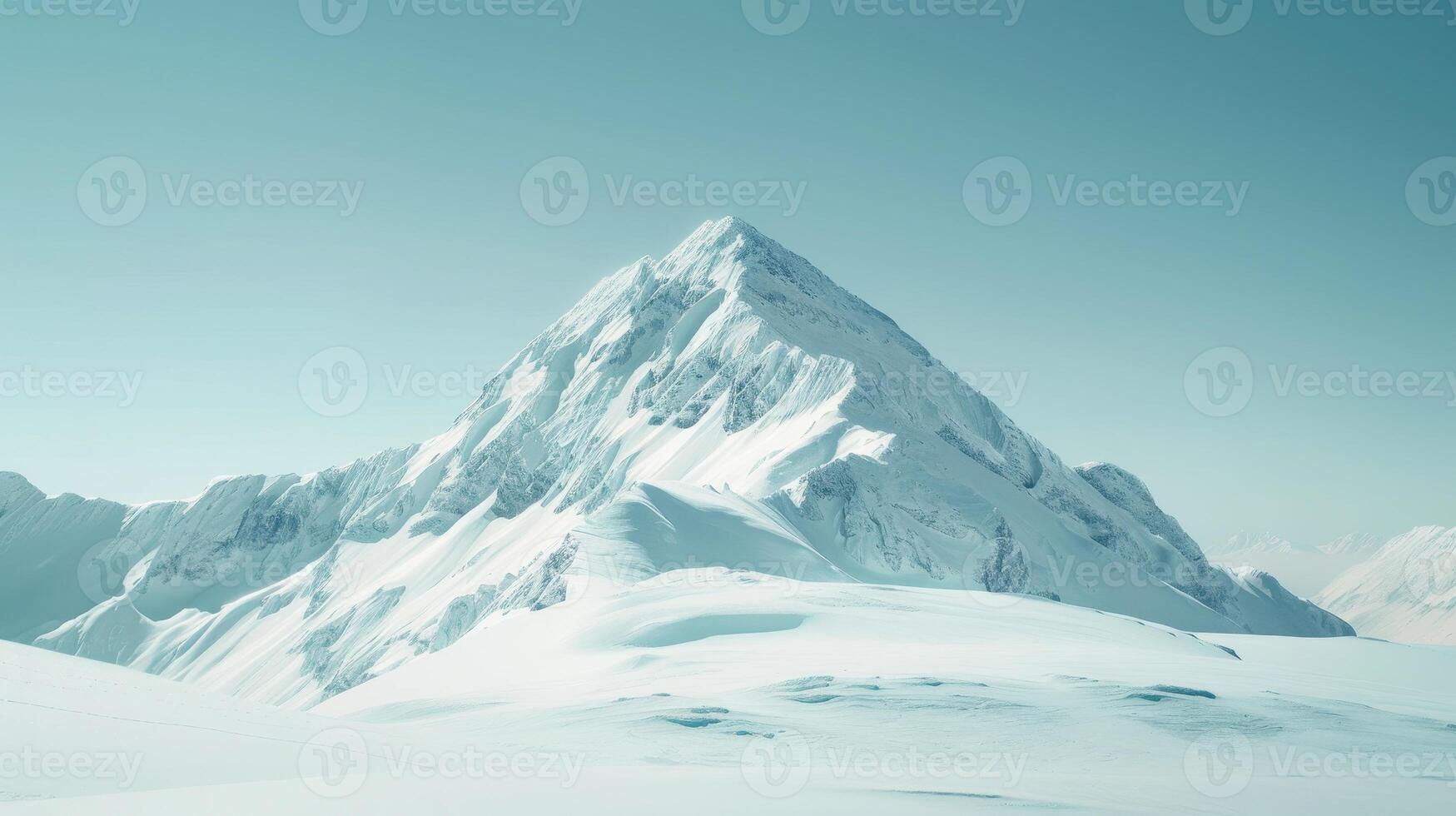 Majestic Snow-Capped Mountain Peaks Under a Bright Blue Sky at Sunrise photo