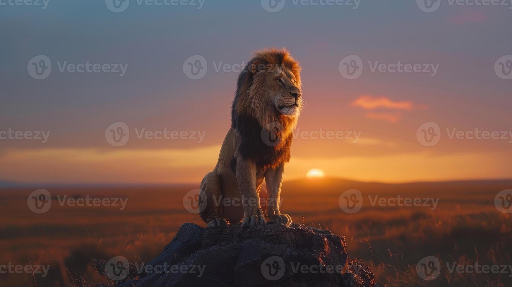 Majestic Lion Perched on Rocky Outcrop at Sunset Over Serengeti photo
