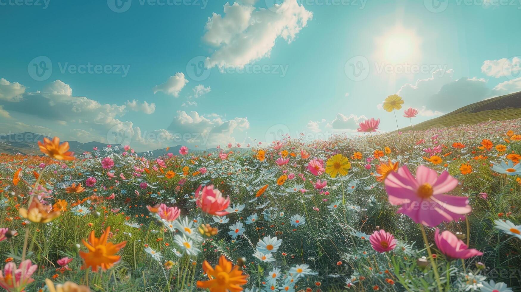 Vibrant Wildflower Meadow Under Bright Blue Sky With Fluffy Clouds at Midday photo