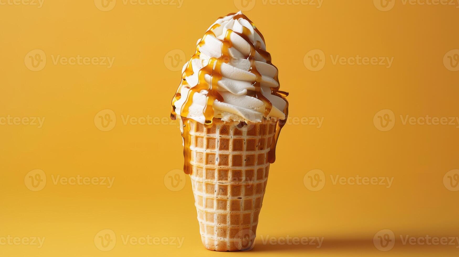 Delightful Swirls of Caramel and Cream on a Waffle Cone Against a Vibrant Yellow Background photo