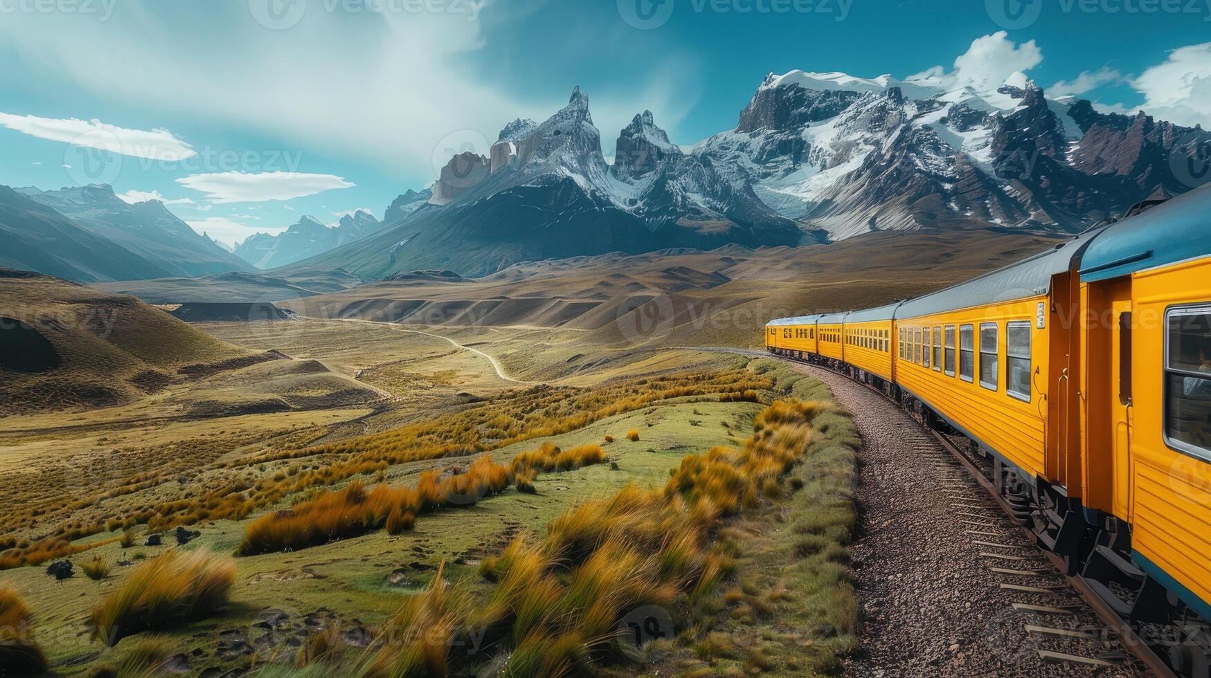A Bright Yellow Train Journeying Through Majestic Mountains and Lush Valleys Under a Vast Blue Sky photo