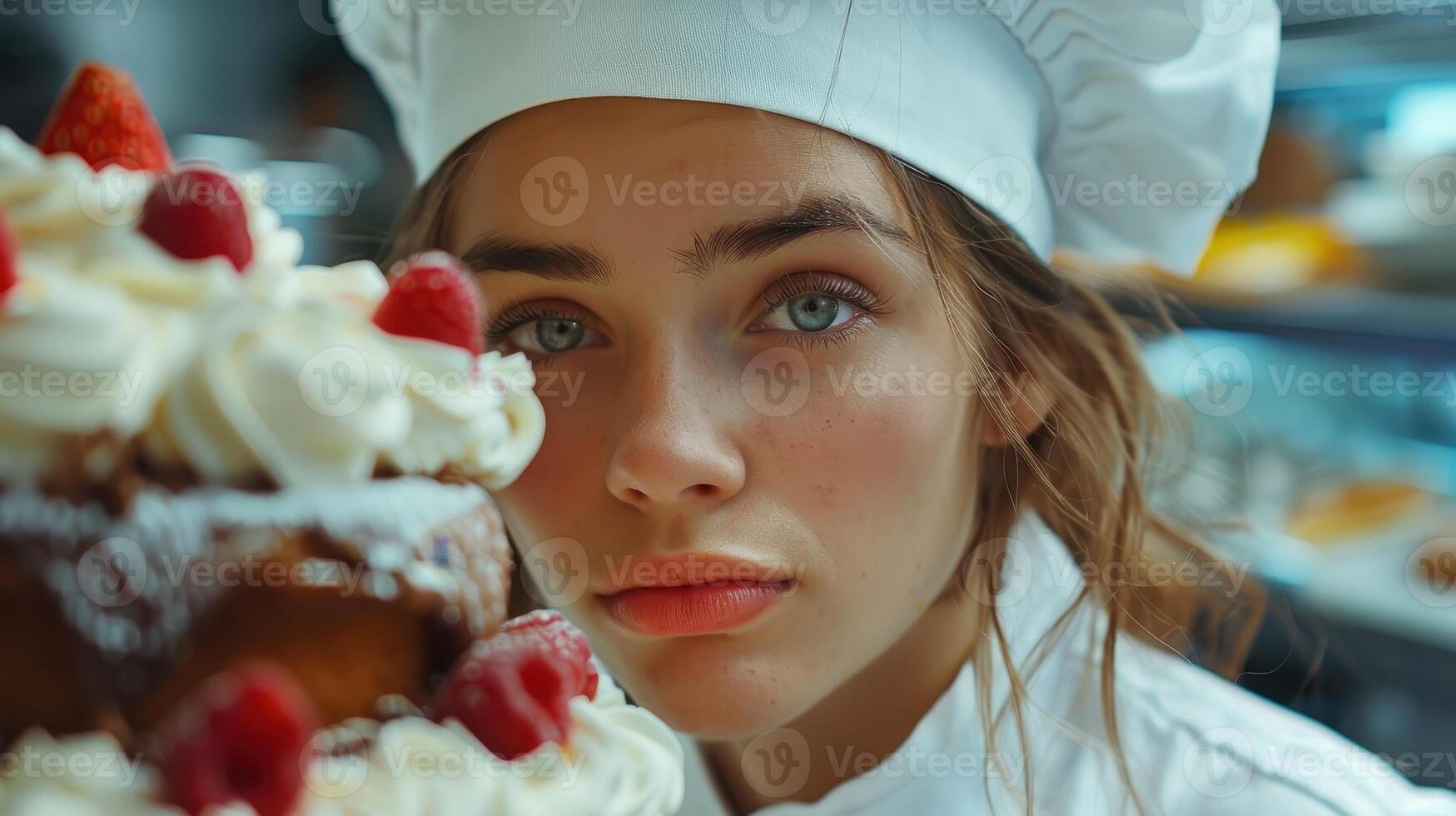 A Young Pastry Chef Presents Her Masterpiece Dessert at a Vibrant Bakery in the Heart of the City photo