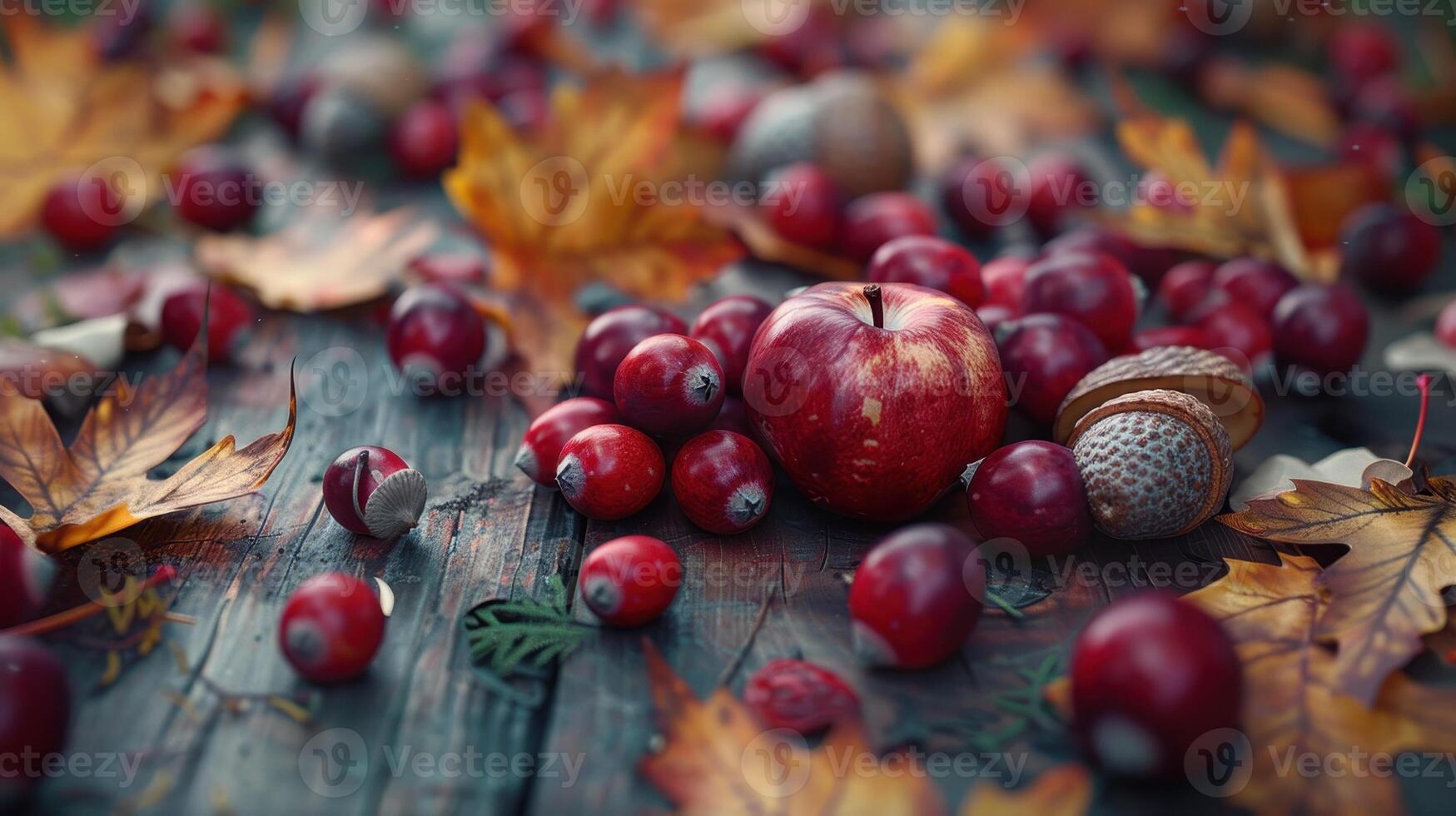 Autumn Harvest Displays A Vibrant Collection Of Red Fruits And Fallen Leaves In A Rustic Setting photo