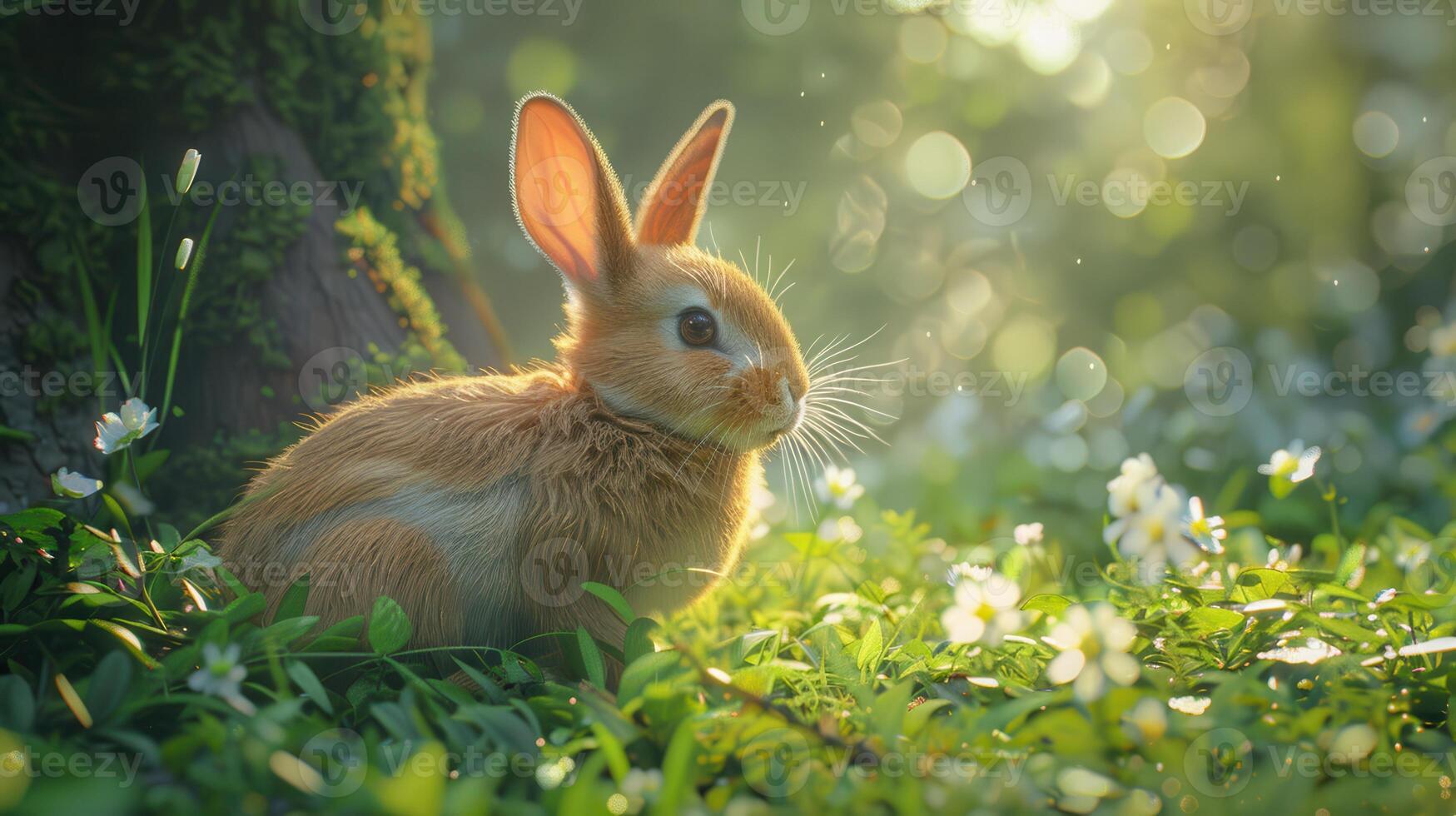 A Curious Rabbit Exploring a Sunlit Meadow Filled With Wildflowers at Dawn photo
