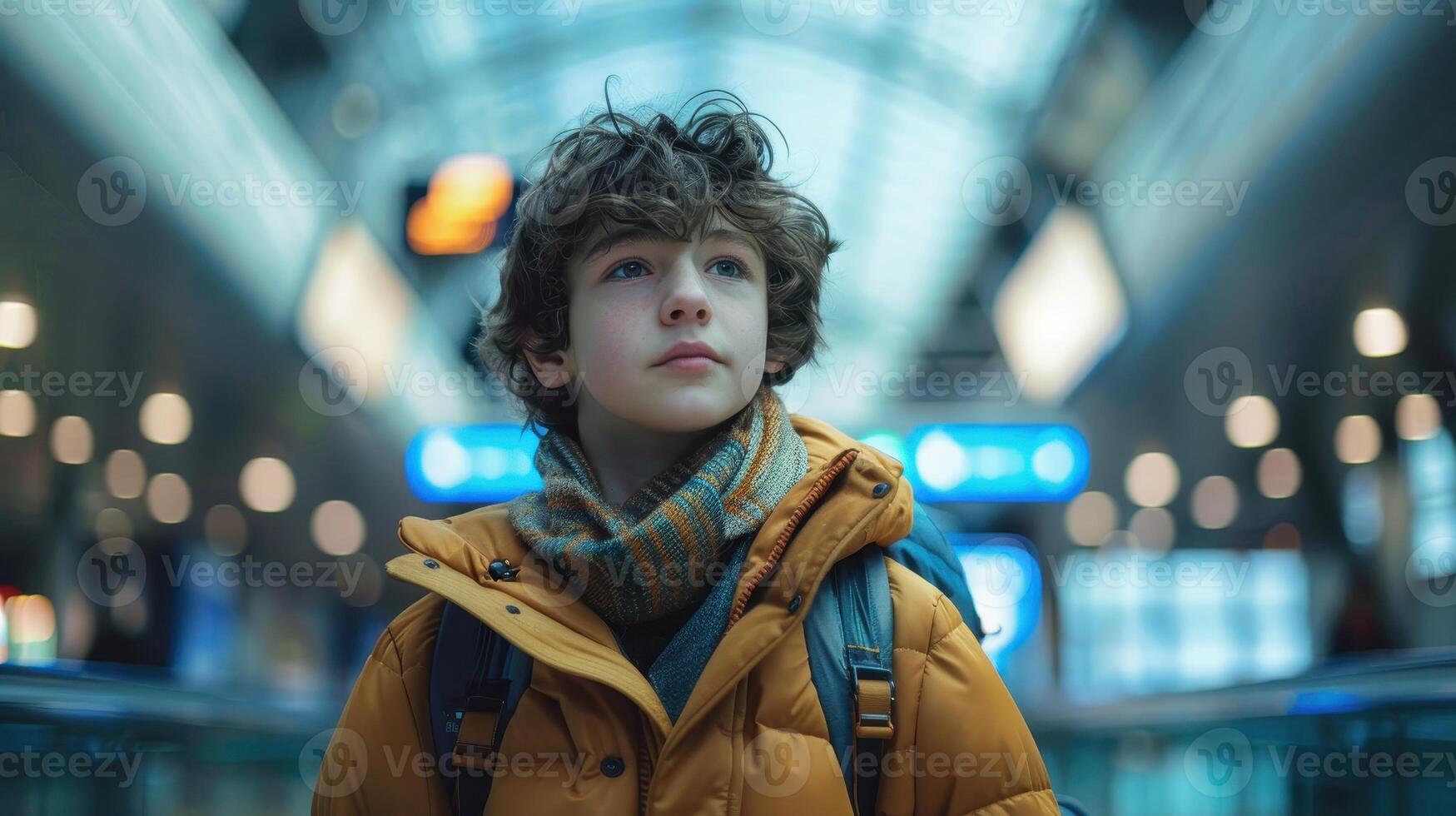 A Young Boy in a Cozy Yellow Jacket Gazing Around an Airport Terminal Filled With Lights and Excitement During Early Morning photo