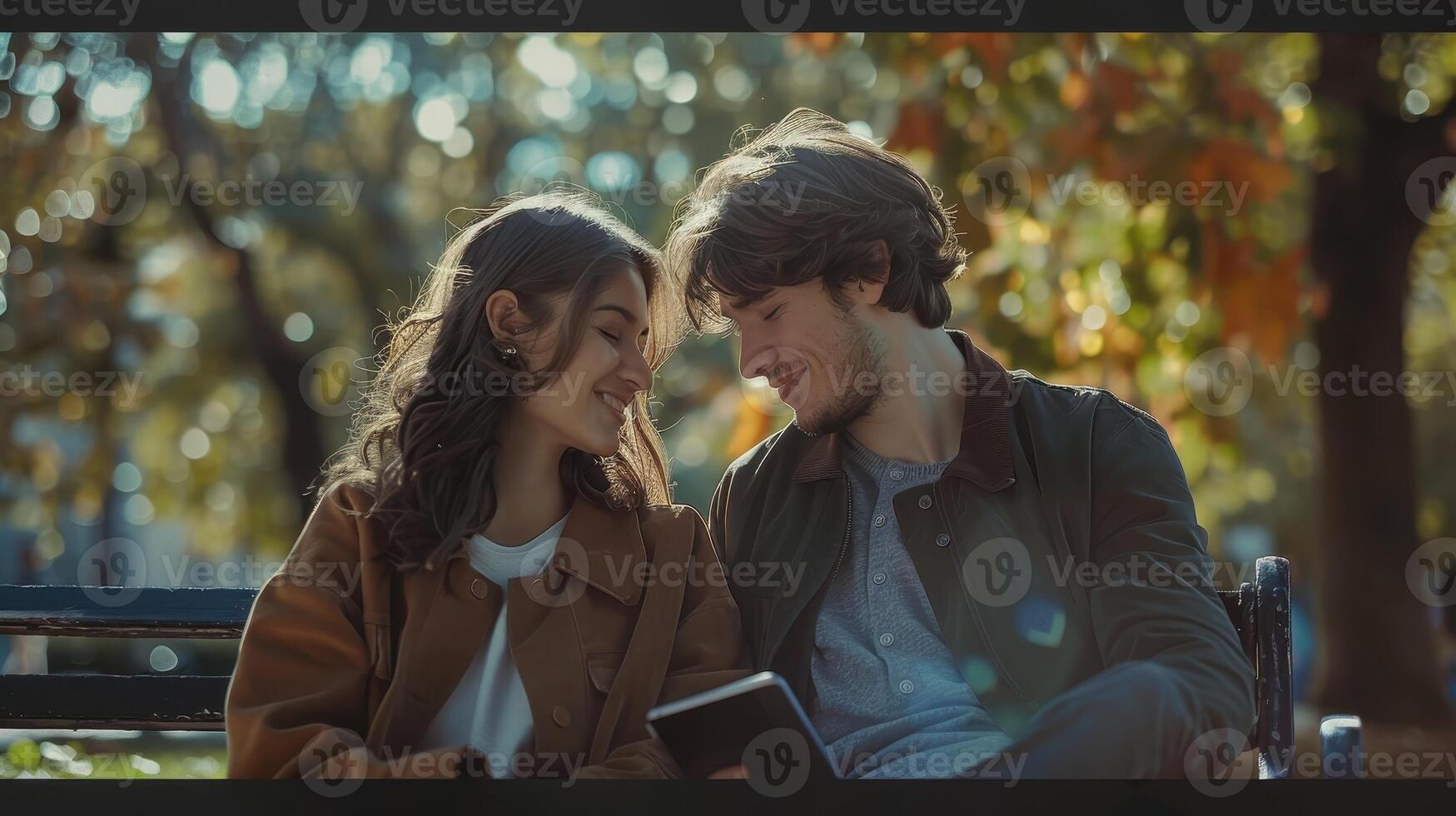 Warm Autumn Afternoon With Two Young People Sharing Smiles in a Park photo