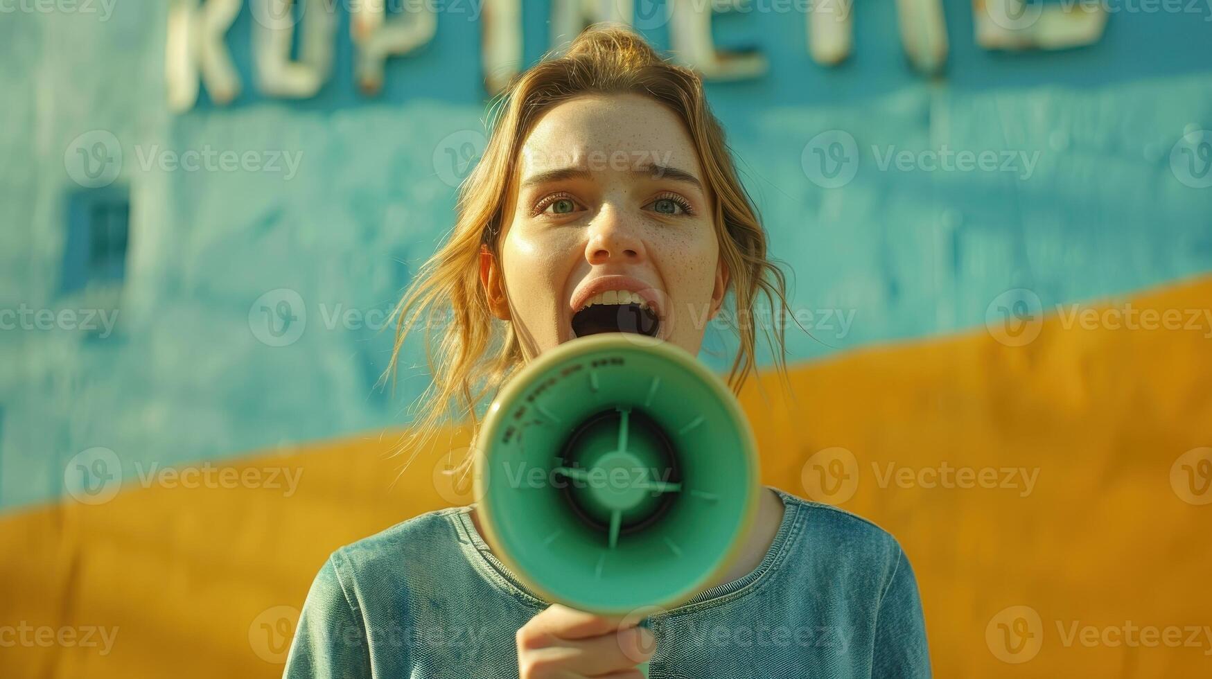 Young Activist Shouting Into Megaphone Against Vibrant Urban Murals During Daylight photo