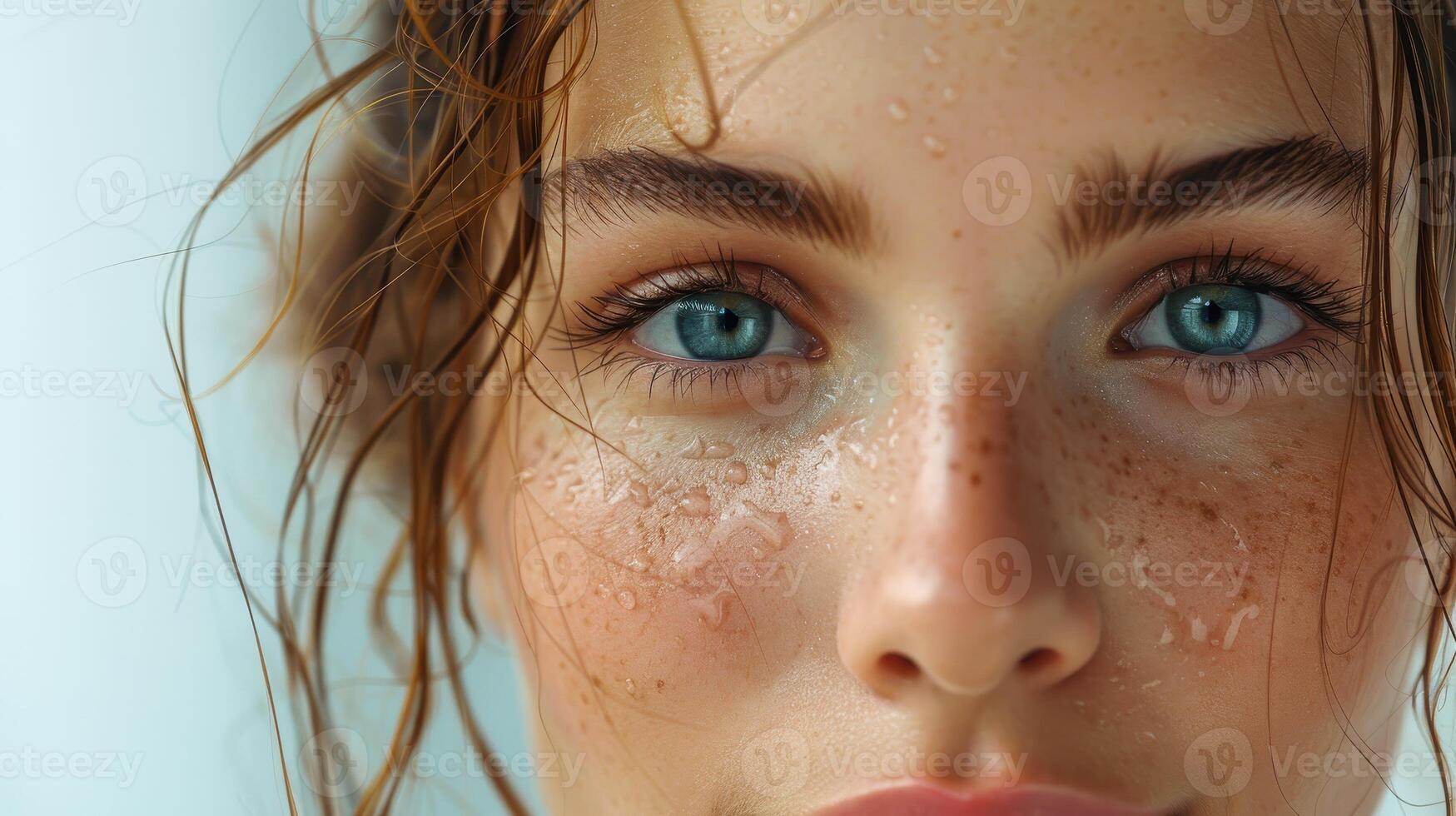 Captivating Close-Up of Young Woman With Freckles and Wet Hair Glimmering in Soft Natural Light photo