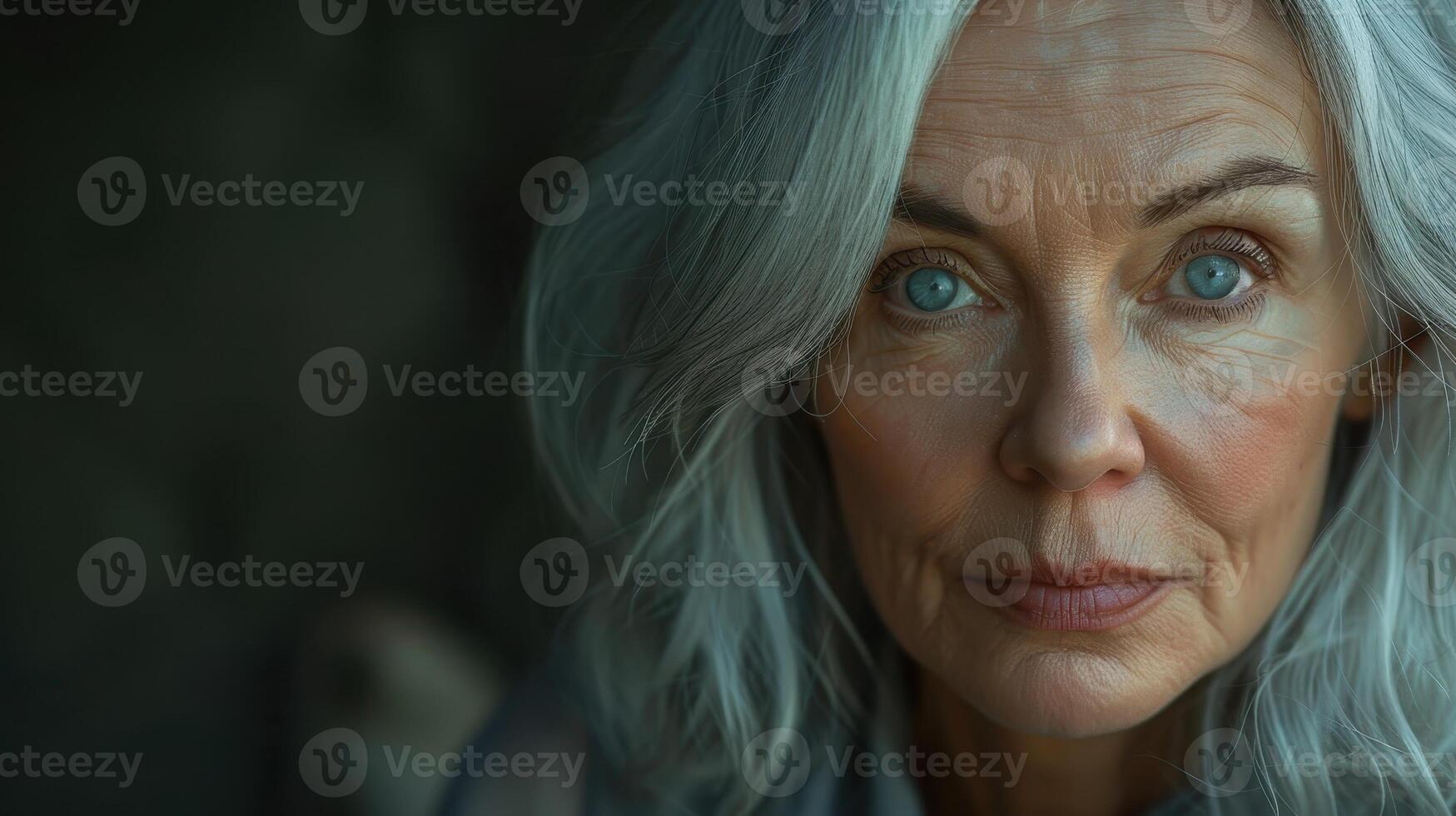A Thoughtful Woman With Striking Blue Eyes Posing in Soft Light Amidst Nature's Serenity photo