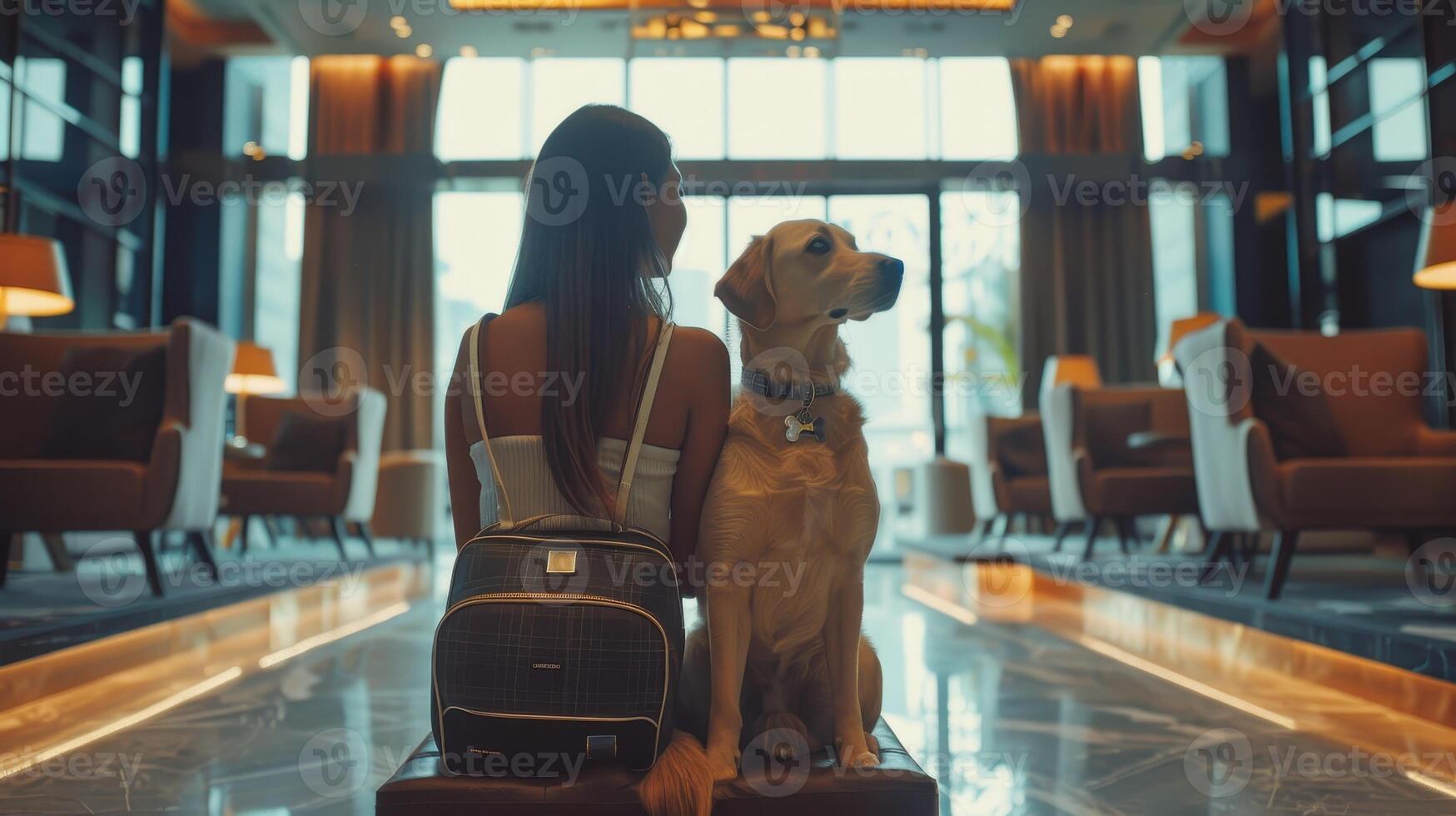 A Woman Enjoys A Relaxing Moment With Her Dog In A Luxurious Hotel Lobby During Golden Hour photo