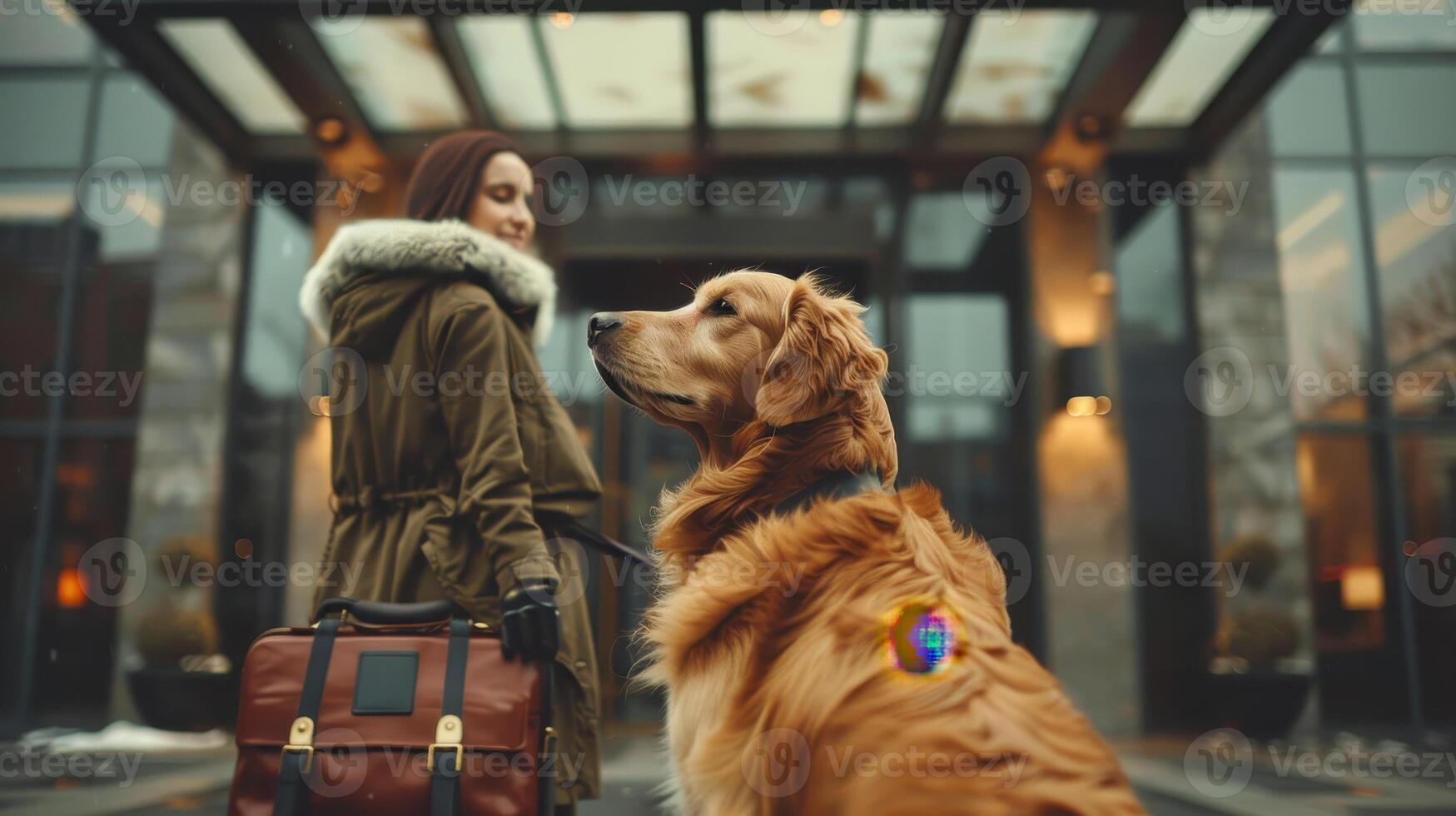 A Woman in Urban Winter Attire Stands With Her Golden Retriever Outside a Stylish Hotel photo