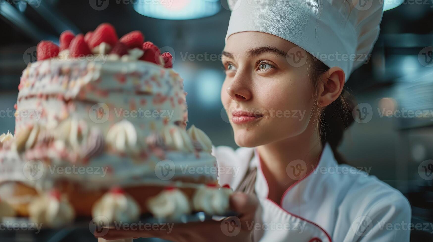 Young Pastry Chef Carefully Presenting A Delightfully Decorated Multi-Layer Cake In A Busy Bakery Kitchen During Afternoon Hours photo