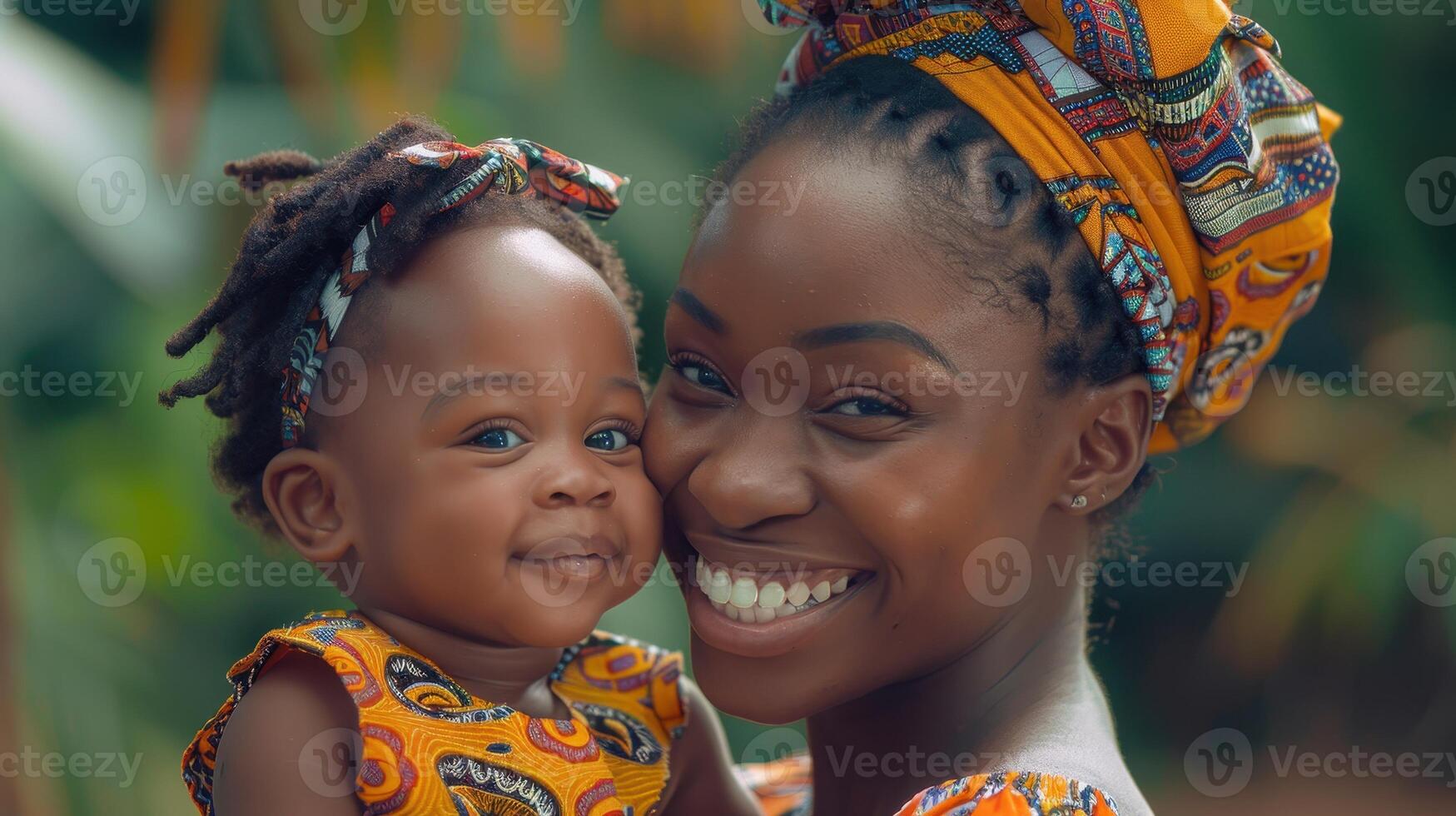 Joyful Mother and Child Embracing Nature in Vibrant African Attire on a Sunny Day photo